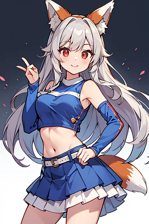 masterpiece, best quality,1 cute girl,silver long hair, red eyes , cheerleader, belt, fox tail, fox ears, crop top, blue skirt, pleated skirt, midriff, detached sleeves, AS-YoungV2, smile512,simple background, medium breasts,