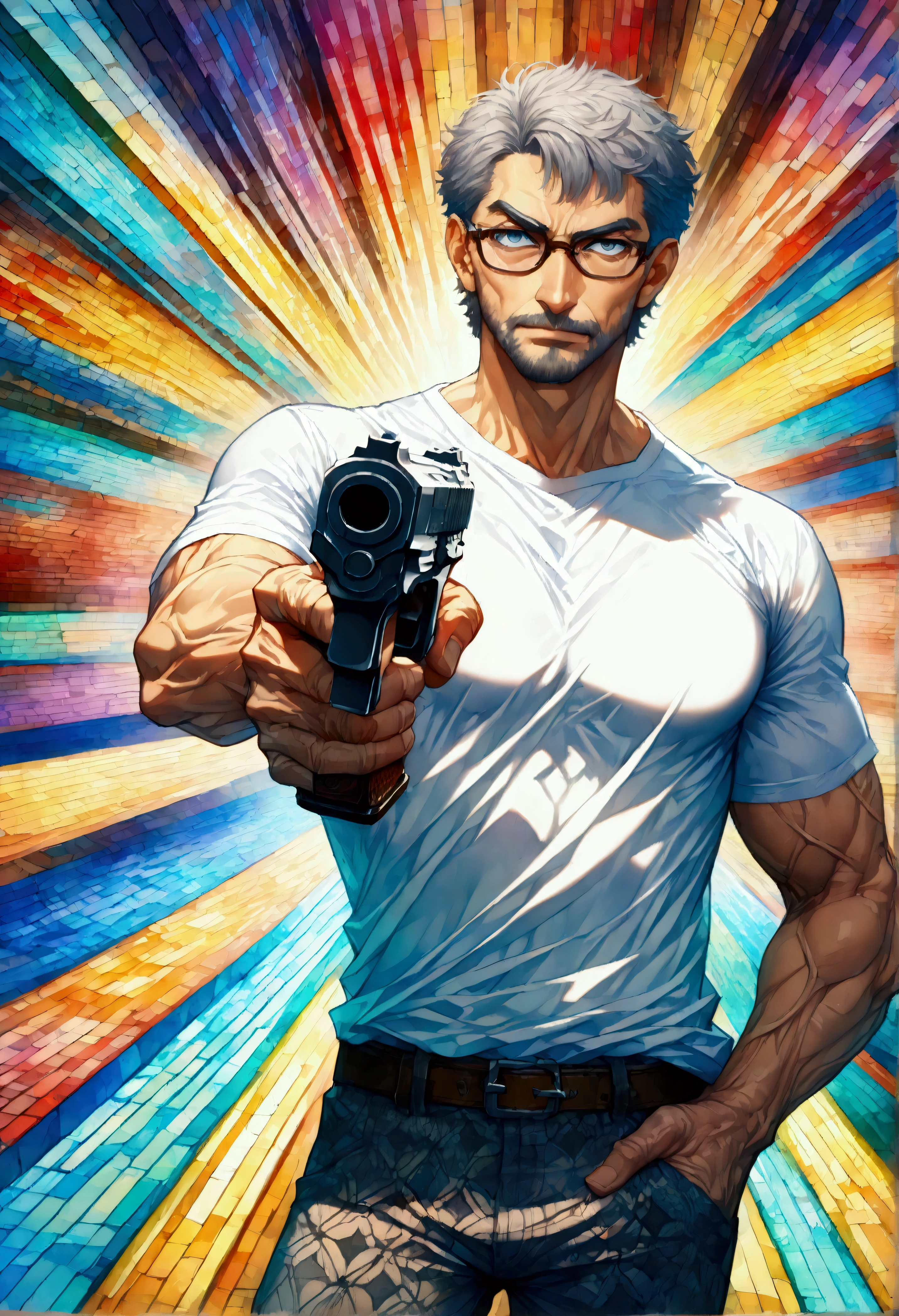 Summer Olympics competition: Pistol shooting competition,(A male player holds an air pistol with one hand and is about to shoot it.),short cut hair,50 years old,turkish handsome,T-shirt,muscular,great core,put one hand in your pants pocket,(The man wears glasses),BREAK,(The man is wearing a white T-shirt: 1.3),BREAK,(Short cut hair with a mix of white and gray: 1.3),BREAK,(Structurally correct competition air pistol: 1.3),BREAK,Create cool and cool backgrounds,black and white,beautiful light and shadow,((Anatomically correct: 1.3)),((Perfect Anatomy:1.3)),intricate details,(masterpiece:1.3),(highest quality:1.4),(ultra detailed:1.5),High resolution,extremely detailed,unity 8k wallpaper,best color balance