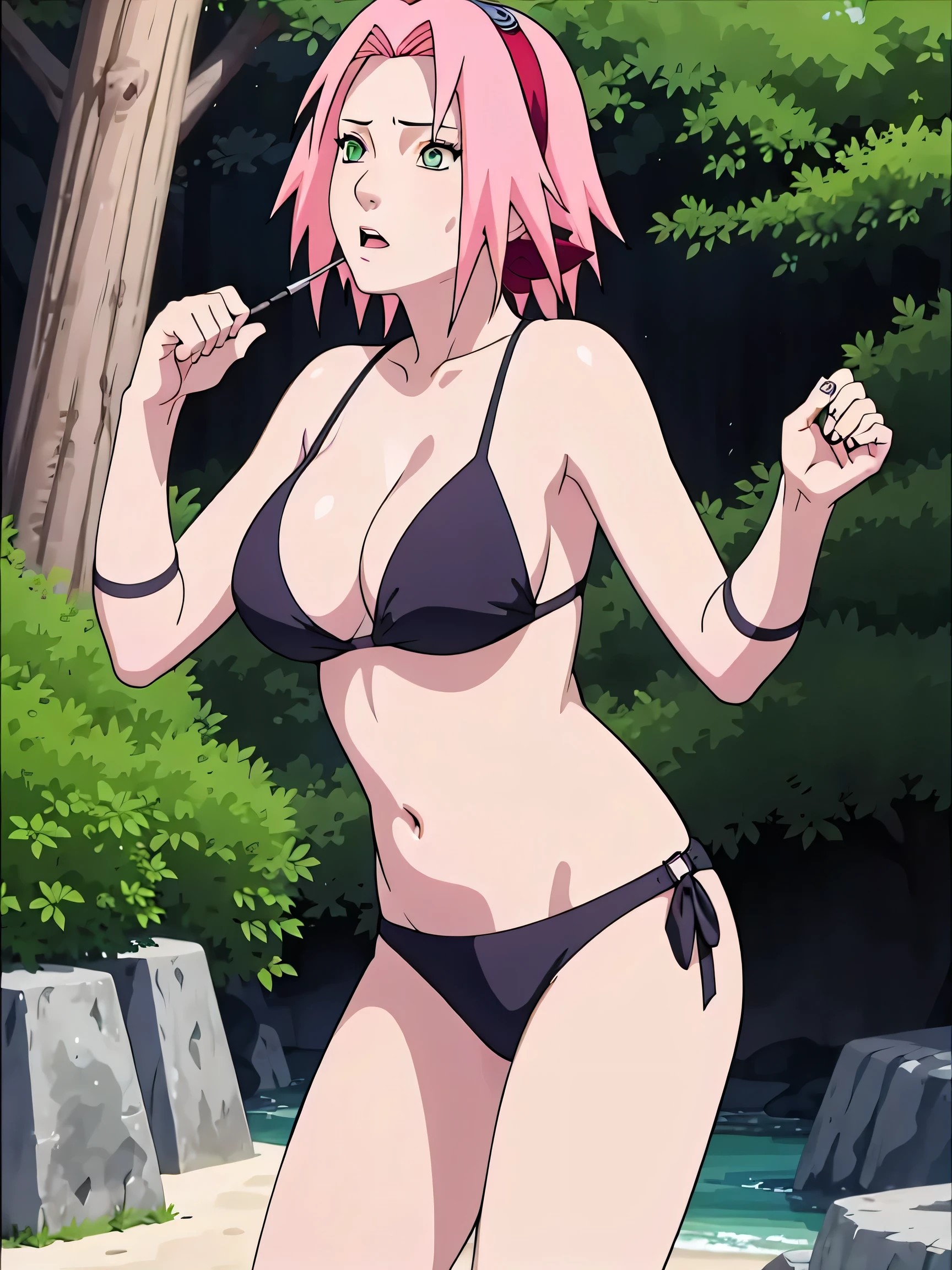 ((((Special style illustrations:1.0)))),best quality,Best Animation,Create masterpieces,Ray Tracing,1 girl,only, Knees up, Sakura Haruno , High quality green eyes), naked, naked, naked、1 girl, only, Pretty Face, eyelash, nose, Lip gloss: 1.5), Delicate skin,whole body, Professional lighting, Slim body, A woman, ((black Bikini)) Close your eyes., Lips, short hair, photo_ (Medium), (Create masterpieces), (photoreal: 1.3),Exquisite details,((Black BIKINI)) (Highly refined skin: 1.2), (best quality: 1.0), (Ultra-high resolution: 1.0), outdoor, In the woods, Supine., Slobber, Sexy ,((Large breast)) Bangs, Heavy sweating, Expression of pain, information