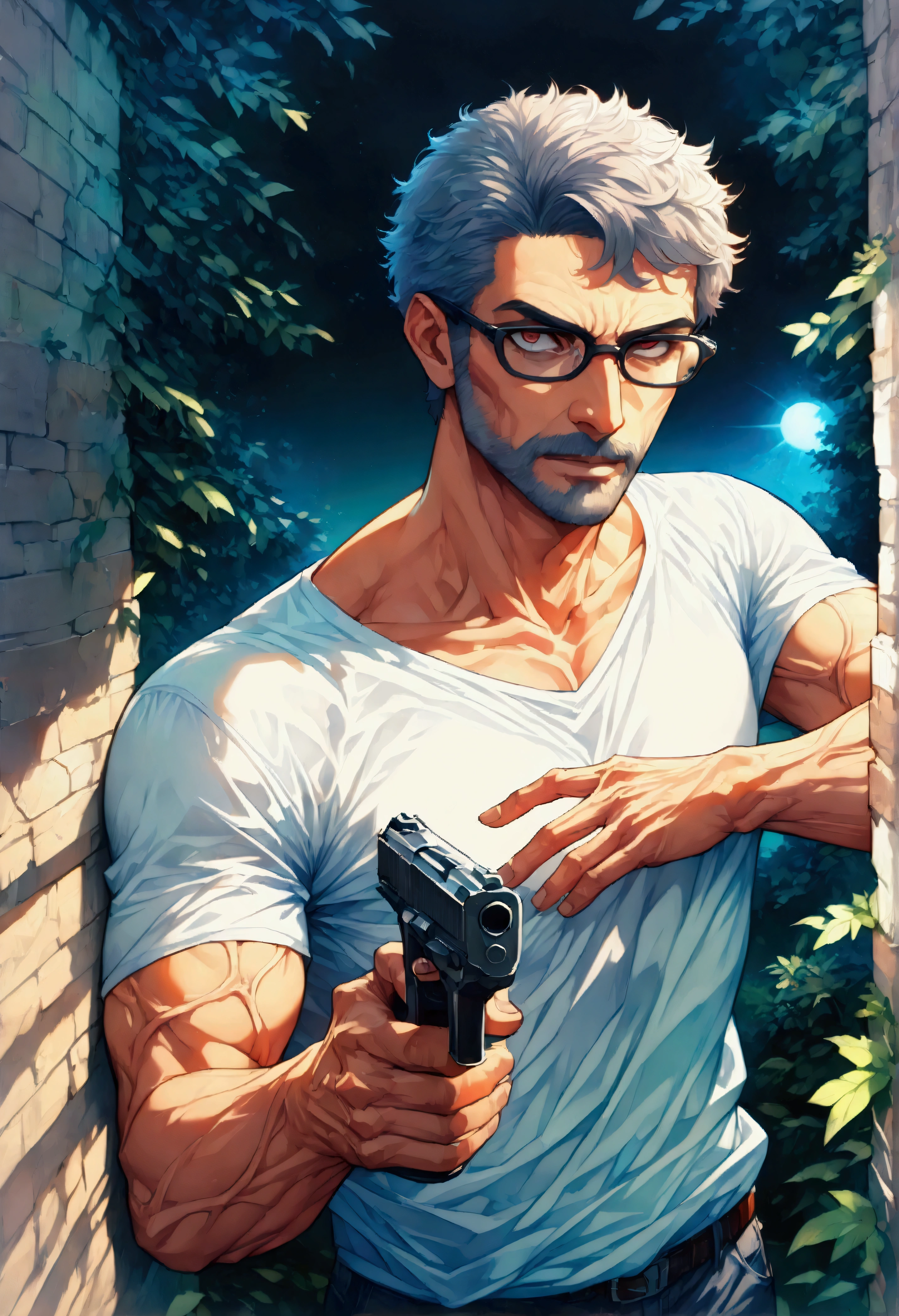 Summer Olympics competition: Pistol shooting competition,(A male player holds an air pistol with one hand and is about to shoot it.),short cut hair,50 years old,turkish handsome,T-shirt,muscular,great core,put one hand in your pants pocket,(The man wears glasses),BREAK,(The man is wearing a white T-shirt: 1.3),BREAK,(Short cut hair with a mix of white and gray: 1.3),BREAK,(Structurally correct competition air pistol: 1.3),BREAK,Create cool and cool backgrounds,black and white,beautiful light and shadow,((Anatomically correct: 1.3)),((Perfect Anatomy:1.3)),intricate details,(masterpiece:1.3),(highest quality:1.4),(ultra detailed:1.5),High resolution,extremely detailed,unity 8k wallpaper,best color balance