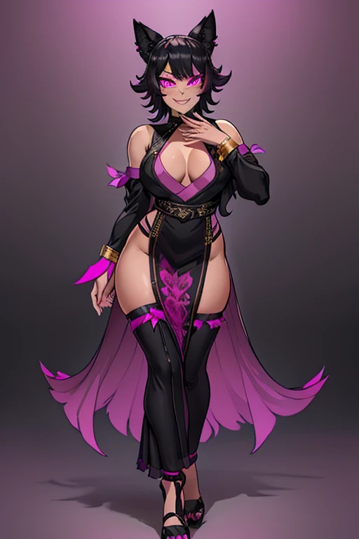 female, black long hair with magenta trim, silver eyes, wolf ears, wolf tail, (((1girl))), (((black toga dress with magenta trim))), (black fingerless opera gloves), (black stockings), (magenta heels), (gold jewelry), (gold bracelets), cute and sexy, full body, large breasts, long legs, smiling