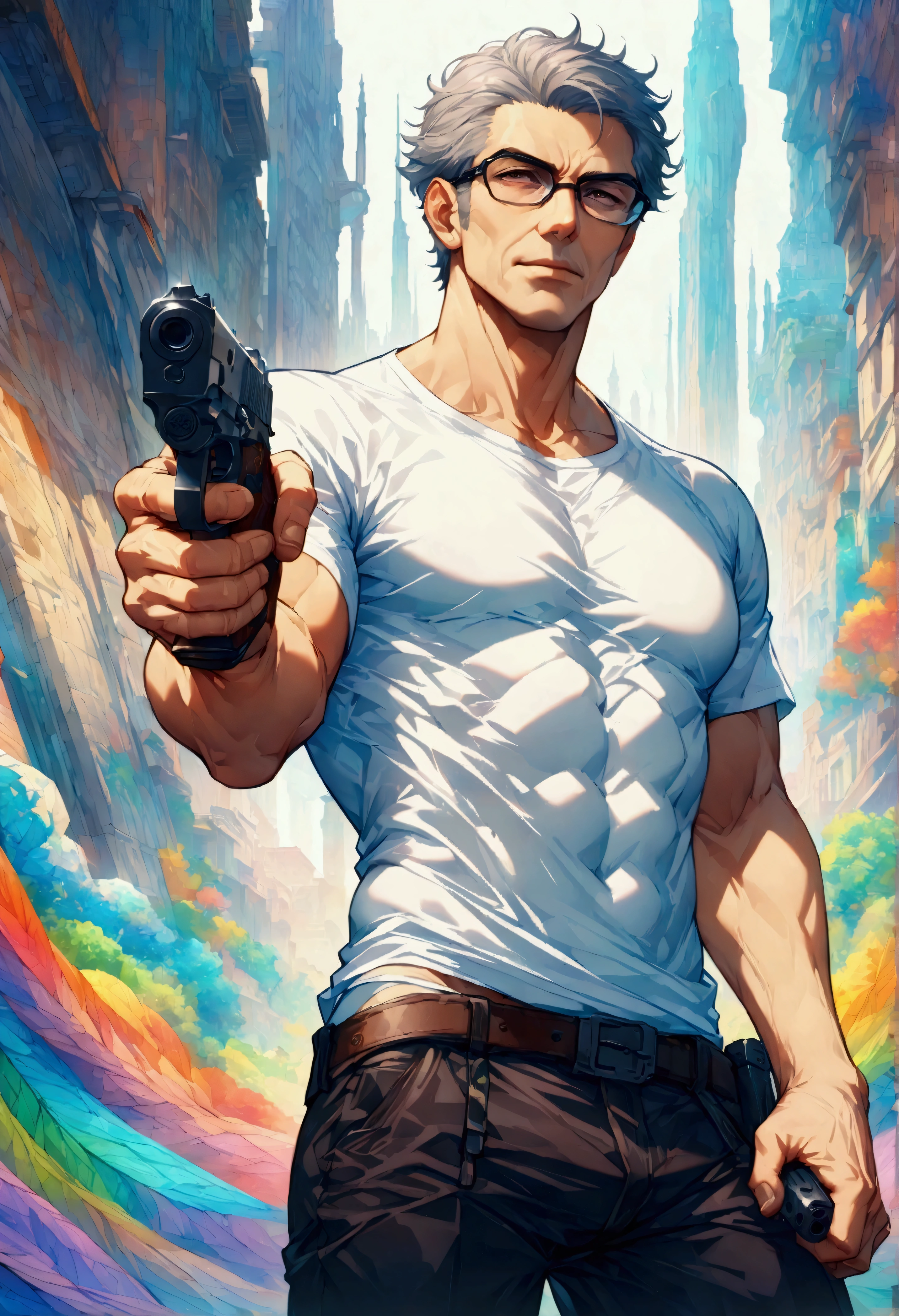 Summer Olympics competition: Pistol shooting competition,(A male player holds an air pistol with one hand and is about to shoot it.),short cut hair,50 years old,turkish handsome,T-shirt,muscular,great core,put one hand in your pants pocket,(The man wears glasses),BREAK,(The man is wearing a white T-shirt: 1.3),BREAK,(Short cut hair with a mix of white and gray: 1.3),BREAK,(Structurally correct competition air pistol: 1.3),BREAK,Create cool and cool backgrounds,black and white,beautiful light and shadow,((Anatomically correct: 1.3)),((Perfect Anatomy:1.3)),intricate details,(masterpiece:1.3),(highest quality:1.4),(ultra detailed:1.5),High resolution,extremely detailed,unity 8k wallpaper,best color balance