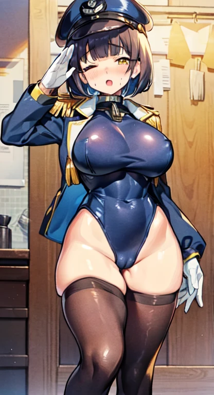 (Perfect body),Highest quality,(8K Portrait),(Official Art)、(Browsing Caution)、(((Muscular)))、Embarrassing、1 girl,(:is)、One eye closed、(((Thick thighs)))、(((blush))),(Sweat),((((Big Breasts))))、(Big Ass)、(Black Hair),((Bobcut)),short hair,Blunt bangs、 (Yellow Eyes),(((Navy blue leotard)))、Police hat、Black knee socks、((White boots))、(Place your left hand on your hip)、(((Salute with your right hand)))、(purely)