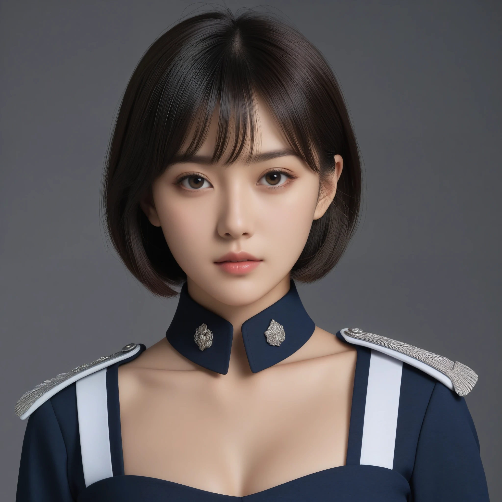 8k, Ultra-high resolution, Highest quality, masterpiece, 三分割法によるphotograph,Surreal, photograph, 1 Girl, (:1.3), pretty girl, Cute Face, Beautiful eyes in every detail, 細かくdetailedに,masterpiece,One Girl:1.2,Japanese female officer,Superior non-commissioned officer,extream close up,furious,glaring,Black short hair,Bob with bangs, (The finest ceremonial attire:1.3),Military clothing, SS uniform,HUGO BOSS,Sharp contours,Looking down,Gray background, Light from above, Low contrast, (Side view),Perfect and beautiful face ,完璧でCute Face, Skin with attention to detail, Perfect limbs、Narrow waist,Looking at the audience,(((Ideal body type))),A cup small breasts :2,Portraiture:2,Perfect Anatomy,鮮明なdetailed,detailed,Surreal,Light and shadow,glowing