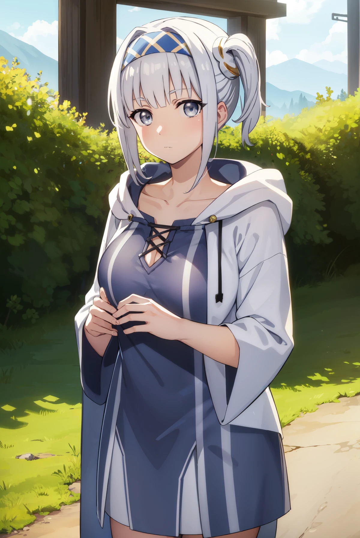 synelokk, syne lokk, short hair, bangs, hair ornament, white hair, hairband, side ponytail, (grey eyes:1.3), BREAK collarbone, hood, cloak, BREAK outdoors, forest, nature, sky, sun, clouds, ((large breast)), grass, big breast, looking at viewer, (cowboy shot:1.5), BREAK (masterpiece:1.2), best quality, high resolution, unity 8k wallpaper, (illustration:0.8), (beautiful detailed eyes:1.6), extremely detailed face, perfect lighting, extremely detailed CG, (perfect hands, perfect anatomy),ñ