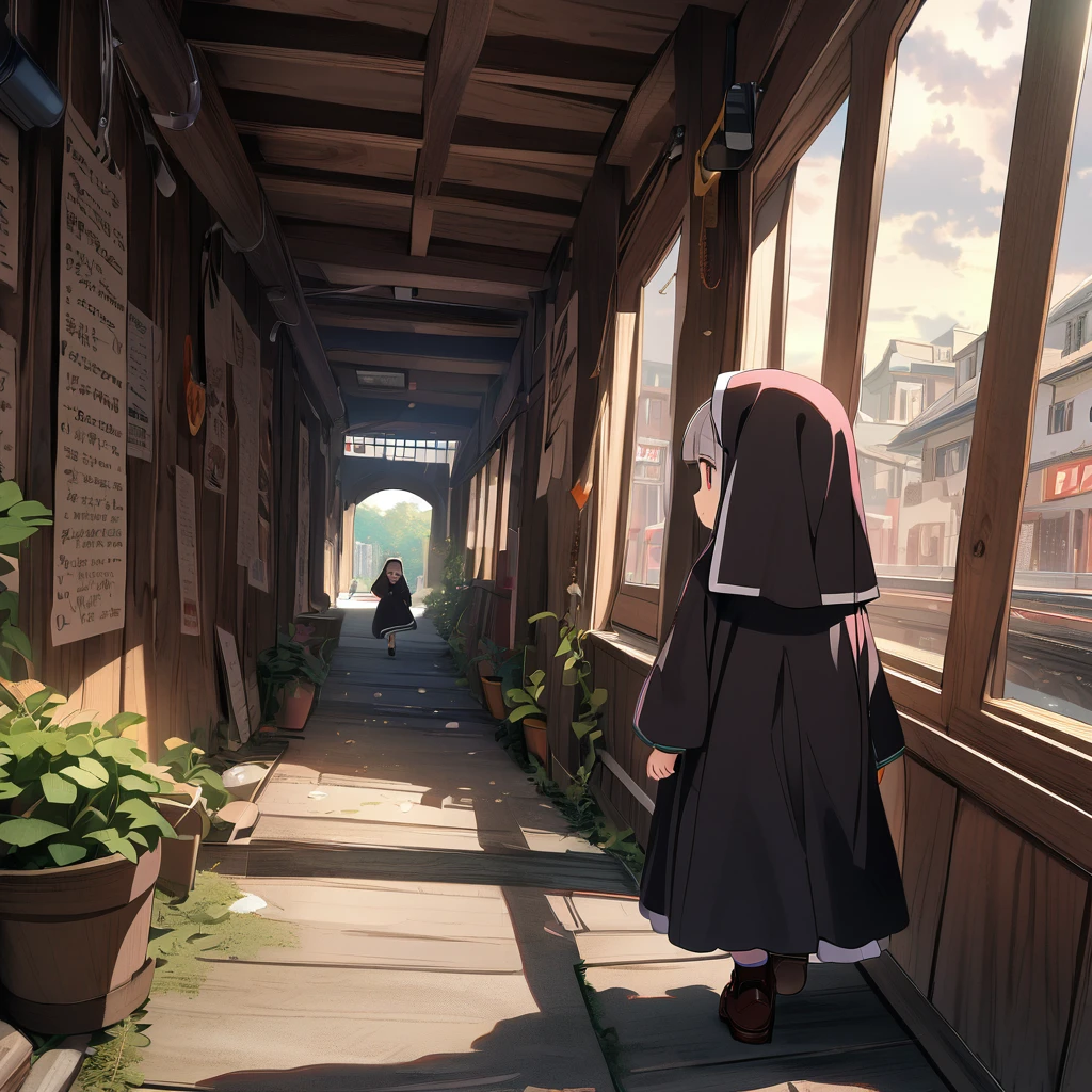 Chibi, nuns running together in an underground shelter, detailed background, detailed writing, 4k, UHD, absurd, ultra quality, masterpiece,