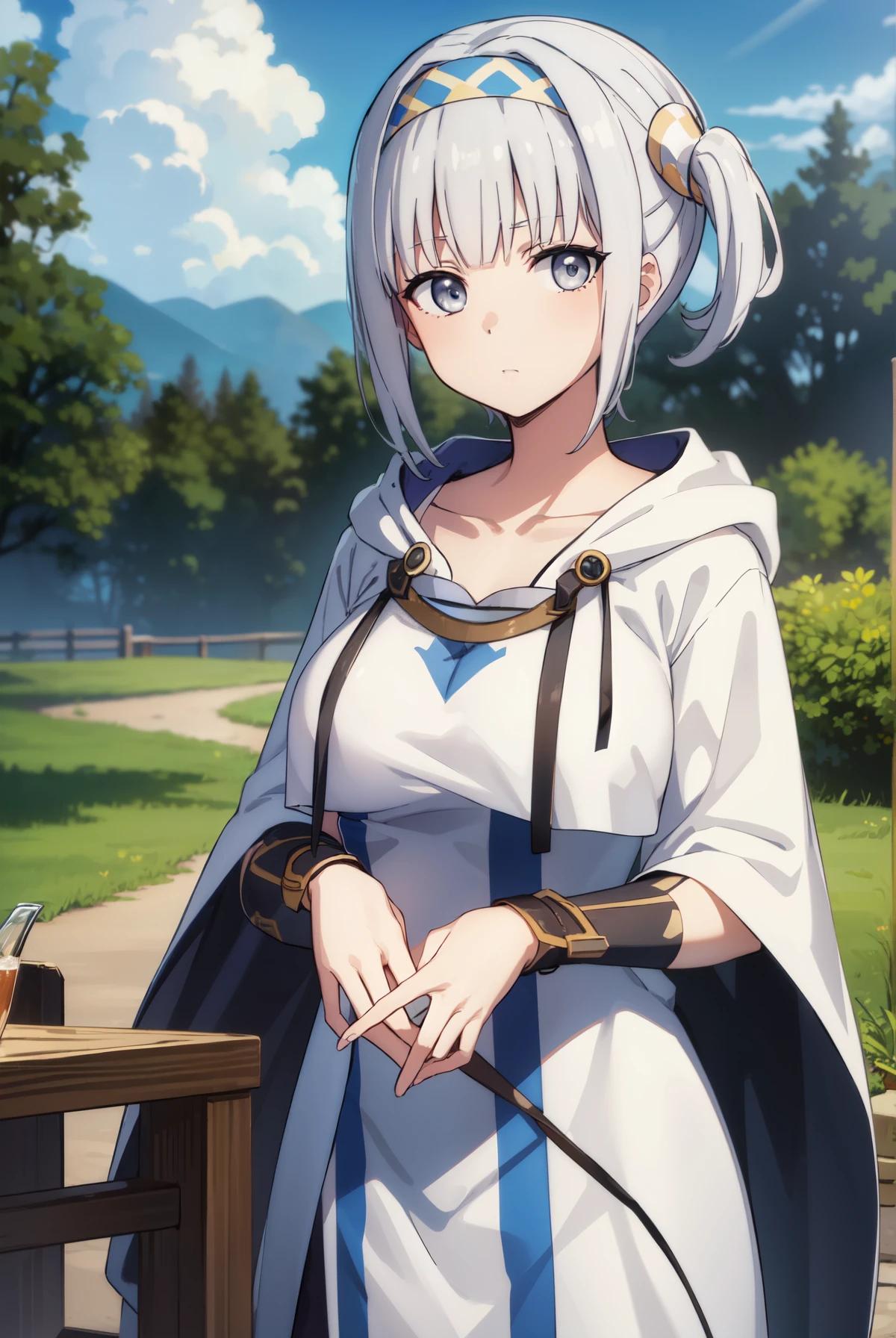 synelokk, syne lokk, short hair, bangs, hair ornament, white hair, hairband, side ponytail, (grey eyes:1.3), BREAK collarbone, hood, cloak, BREAK outdoors, forest, nature, sky, sun, clouds, ((large breast)), grass, big breast, looking at viewer, (cowboy shot:1.5), BREAK (masterpiece:1.2), best quality, high resolution, unity 8k wallpaper, (illustration:0.8), (beautiful detailed eyes:1.6), extremely detailed face, perfect lighting, extremely detailed CG, (perfect hands, perfect anatomy),ñ