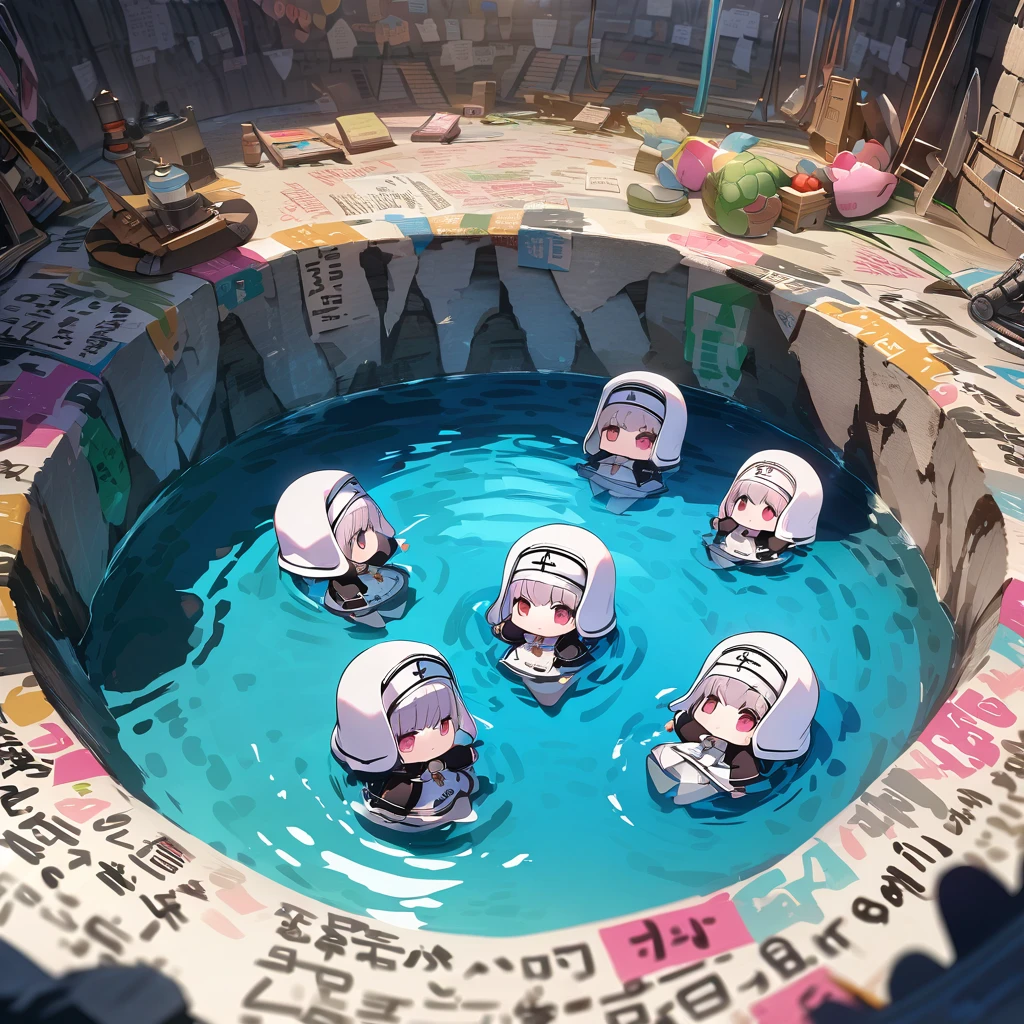 Chibi, nuns playing in a pool in an underground cave, detailed background, detailed writing, 4k, UHD, absurd, ultra quality, masterpiece,