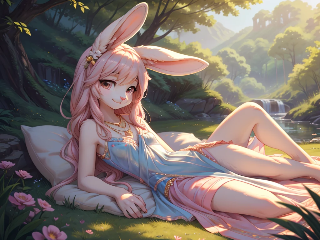 **Prompt:** A beautiful, (masterpiece), high quality, perfect lighting, highly detailed CG Unity 8k wallpaper, high resolution, perfect lighting, youthful, adolescent, tall, slim, skinny, frail slender figure, slim legs, distinctly feminine figure, narrow hips, long legs, close-up shot of a unique female rabbit character. She has soft, creamy white fur with delicate pink undertones, enhancing her gentle and serene appearance. Her hair, a long, silky pastel pink, frames her face gracefully, with loose strands softly resting on her shoulders. Her large, expressive hazel eyes are filled with warmth and kindness, drawing the viewer in.

She is dressed in a light, airy see through, sheer, translucent sundress in pastel colors, adorned with delicate floral embroidery and subtle ruffles. Long bunny ears, decorated with fresh flowers, emphasizing her relaxed and natural style. Her accessories include a delicate gold necklace with a small pendant and simple stud earrings. 

The character is lying down on the ground, leaning back slightly on her hands, with her thin legs stretched out. Her face is the focal point, tilted slightly upwards, capturing a moment of peaceful reflection. Her expression is serene, with a soft, content smile and eyes half-closed as if enjoying a gentle breeze or the warmth of the sun. The background is softly blurred, keeping the focus on her delicate features and the intricate details of her outfit, creating an intimate and tranquil atmosphere.