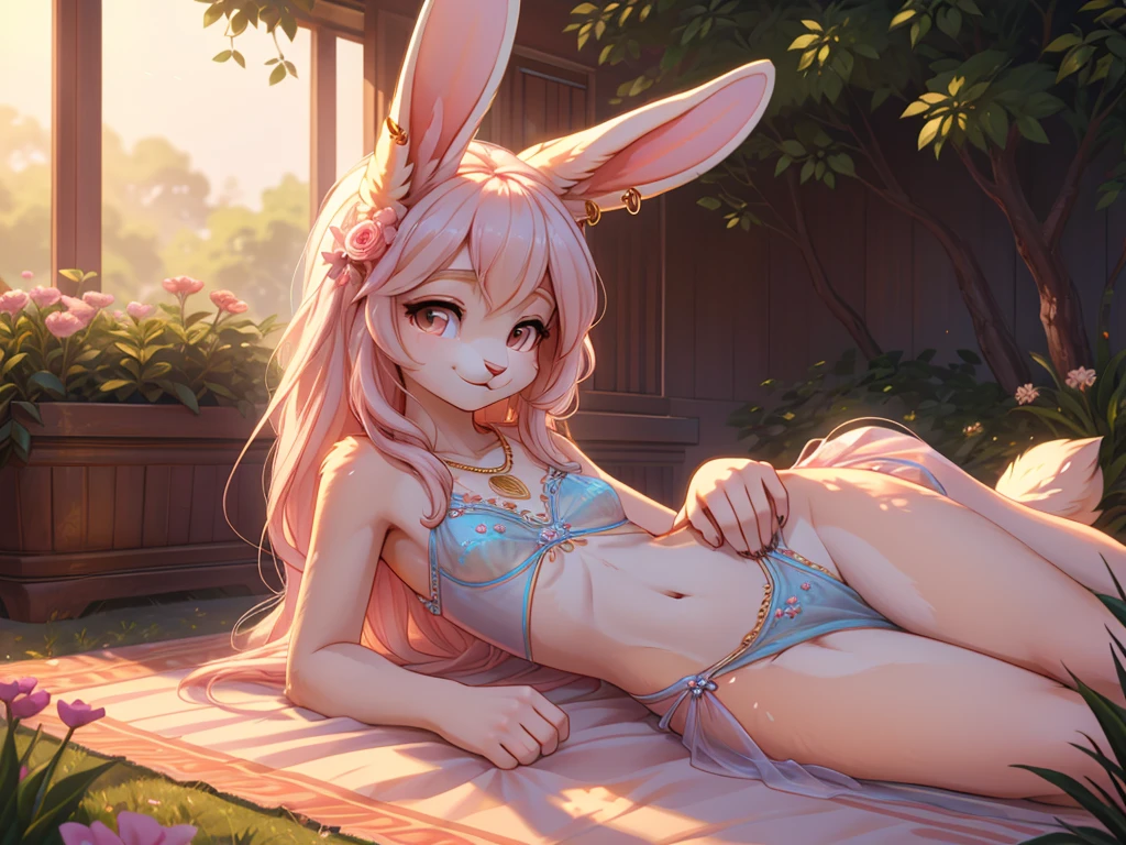 **Prompt:** A beautiful, (masterpiece), high quality, perfect lighting, highly detailed CG Unity 8k wallpaper, high resolution, perfect lighting, youthful, adolescent, tall, slim, skinny, frail slender figure, slim legs, distinctly feminine figure, narrow hips, long legs, close-up shot of a unique female rabbit character. She has soft, creamy white fur with delicate pink undertones, enhancing her gentle and serene appearance. Her hair, a long, silky pastel pink, frames her face gracefully, with loose strands softly resting on her shoulders. Her large, expressive hazel eyes are filled with warmth and kindness, drawing the viewer in.

She is dressed in a light, airy see through, sheer, translucent sundress in pastel colors, adorned with delicate floral embroidery and subtle ruffles. Long bunny ears, decorated with fresh flowers, emphasizing her relaxed and natural style. Her accessories include a delicate gold necklace with a small pendant and simple stud earrings. 

The character is lying down on the ground, leaning back slightly on her hands, with her thin legs stretched out. Her face is the focal point, tilted slightly upwards, capturing a moment of peaceful reflection. Her expression is serene, with a soft, content smile and eyes half-closed as if enjoying a gentle breeze or the warmth of the sun. The background is softly blurred, keeping the focus on her delicate features and the intricate details of her outfit, creating an intimate and tranquil atmosphere.