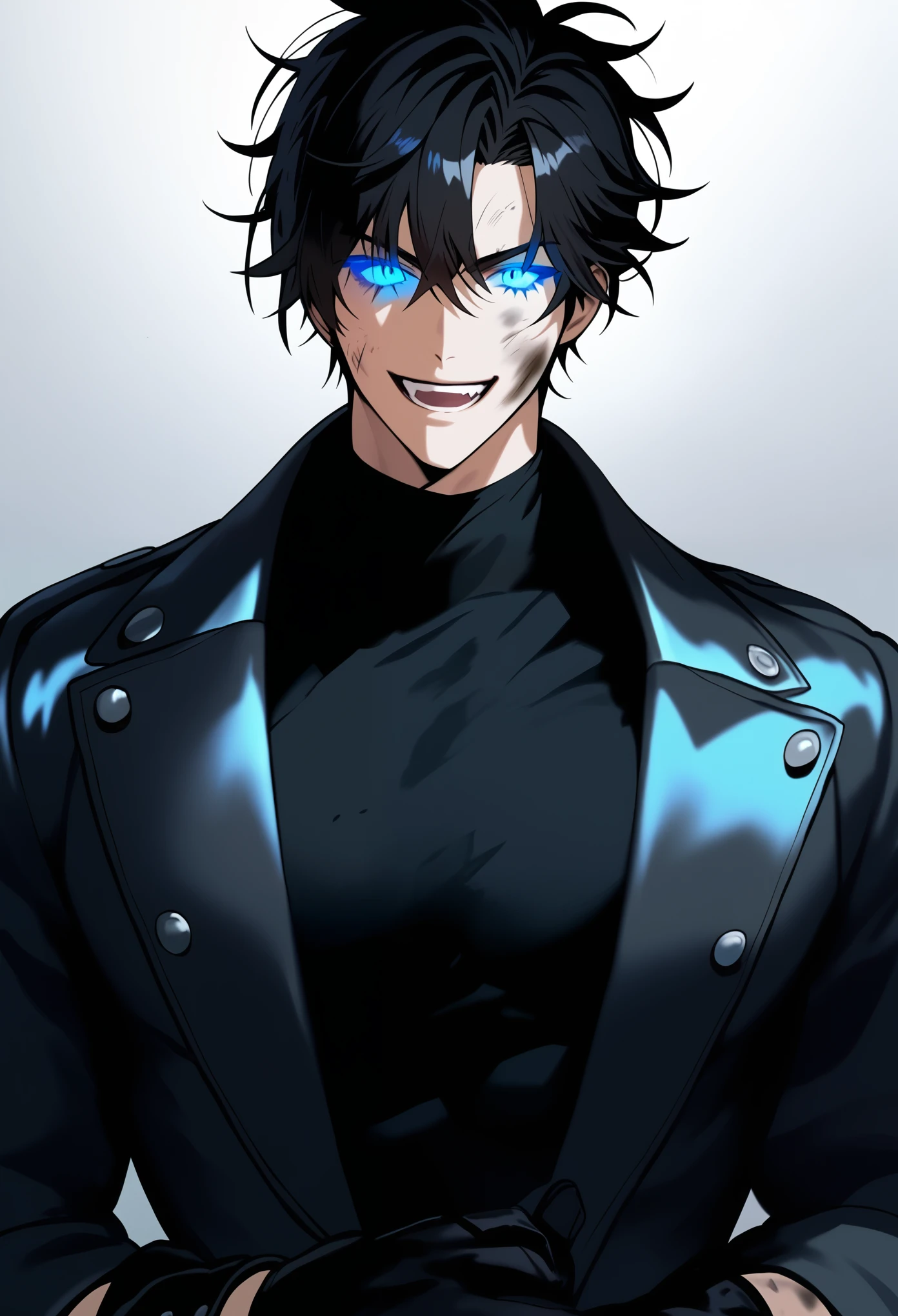 score_9, score_8_up, score_7_up, score_6_up, source_anime, illustration, solo, looking at viewer, smile, open mouth, short hair, blue eyes, shirt, black hair, 1boy, gloves, hair between eyes, jacket, upper body, male focus, teeth, black gloves, black shirt, glowing, messy hair, glowing eyes, dirty, dirty face