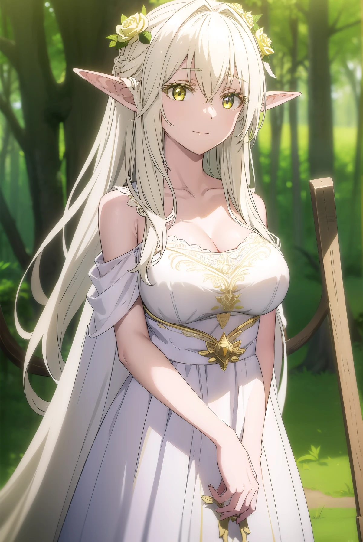 forestprincess, forest princess, long hair, hair ornament, hair between eyes, (yellow eyes:1.3), white hair, flowers, pointy ears, hair flower, rose, hair intakes, elf, smile, BREAK dress, collarbone, white dress, (((large breast))), trees, big breast, forest, sky, grass, clouds, BREAK looking at viewer, (cowboy shot:1.5), (((open front))), (masterpiece:1.2), best quality, high resolution, unity 8k wallpaper, (illustration:0.8), (beautiful detailed eyes:1.6), extremely detailed face, perfect lighting, extremely detailed CG, (perfect hands, perfect anatomy)