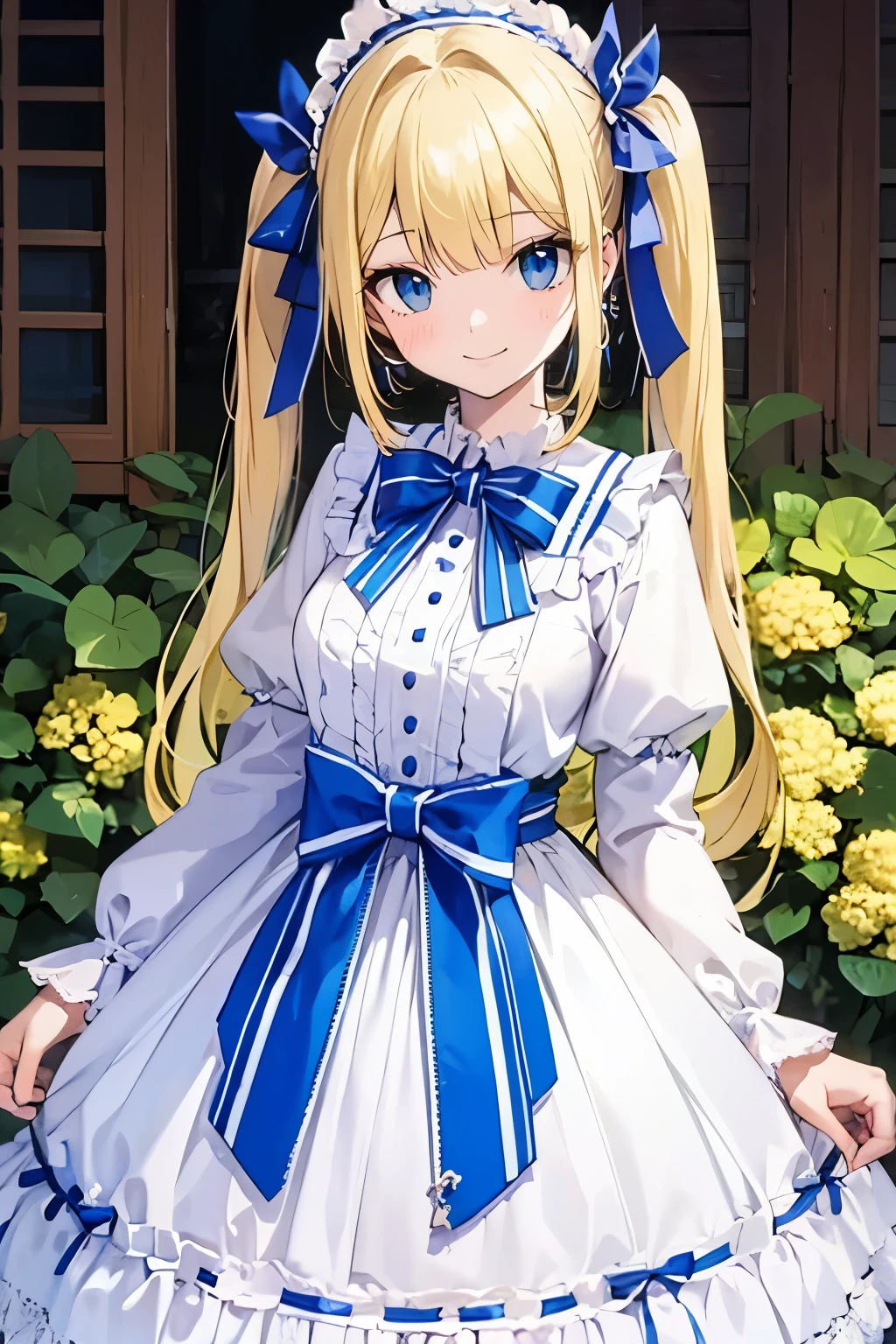 Safe for work, masterpiece, best quality, solo, 1 girl, cute girl, wholesome girl, (young female body:1.4), ( medium small breasts), cowboy shot, shy smile, flustered, yellow hair, voluminous wavy hair, extra long hair, hime cut, very blunt bangs, light blue eyes, detailed eyes, outside, ta fashion, light blue loliress, pigtails, cozy background, light blue lolita d, ribbons, light blue bows,