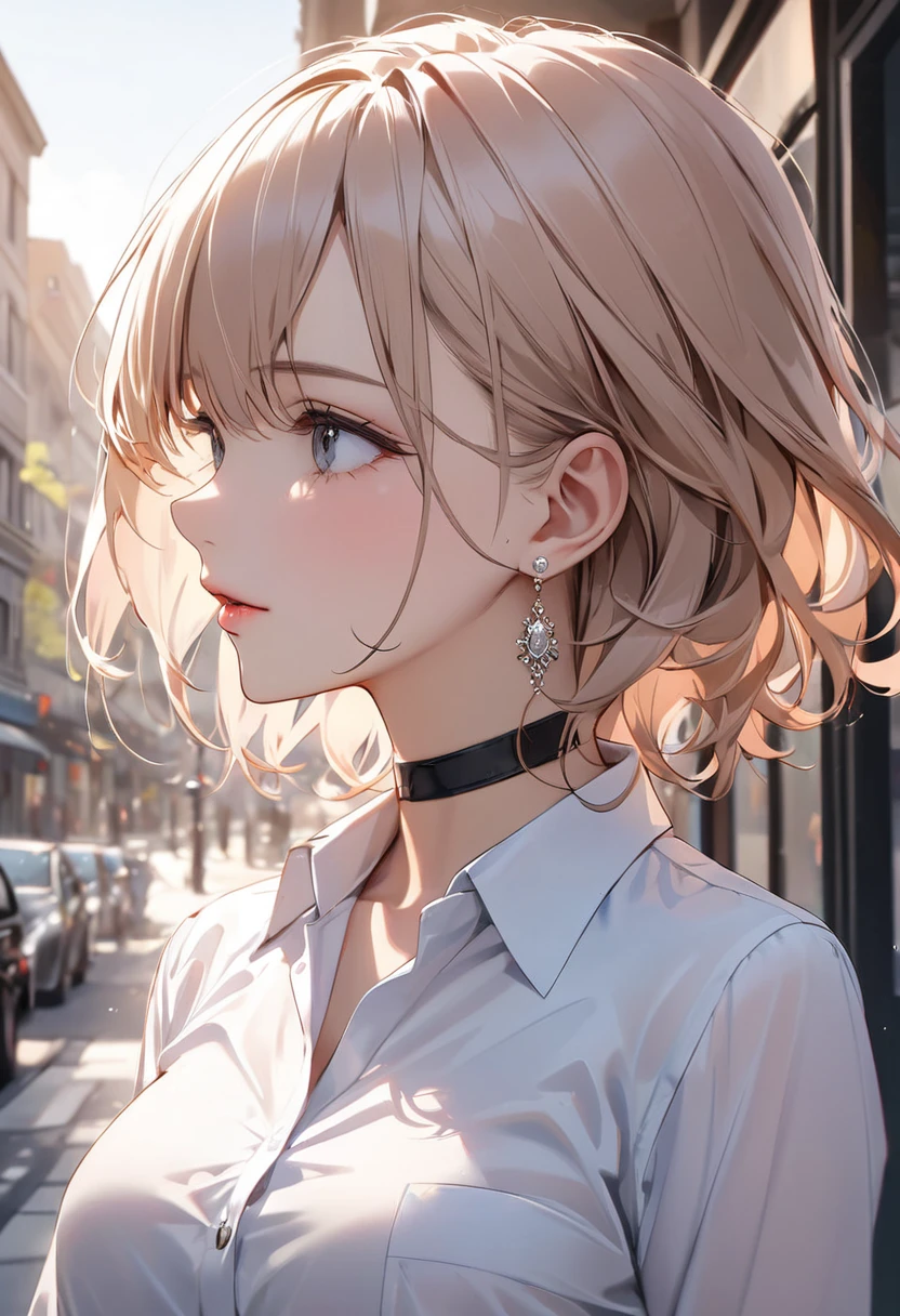 best quality, super_delicate, ultra detailed, beautiful, 8k , 1girl, ultra detailed hair, business shirt, earrings, choker, outdoor, bright, AissistXLv2