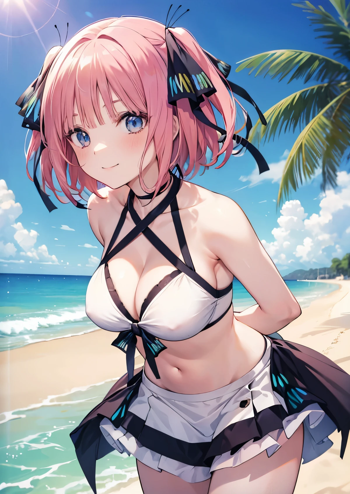 Nino Nakano is a character that appears in the anime "The Quintessential Quintuplets" 「The background is a sunny day at the sandy beach...」The eyes of this character are blue. My hairstyle is a bob cut with shockingpink color. This character is wearing a butterfly hair accessory. Please focus on this character. This character has a very lovely smile.high Quality. .. masterpiece,best quality,ultra detailed, My breast size is D cup. The background is a sunny day at the sandy beach. This character is wearing Skirt-style-bikini bikini.{ The color of this Micro bikini is very pink. } . Additionally, a glimpse of cleavage can be seen.
{bust-up shot}{High Resolution}{BestQuality}
{This character is facing forward and slightly leaning forward.}
(high angle shot)
This character has their arms behind back