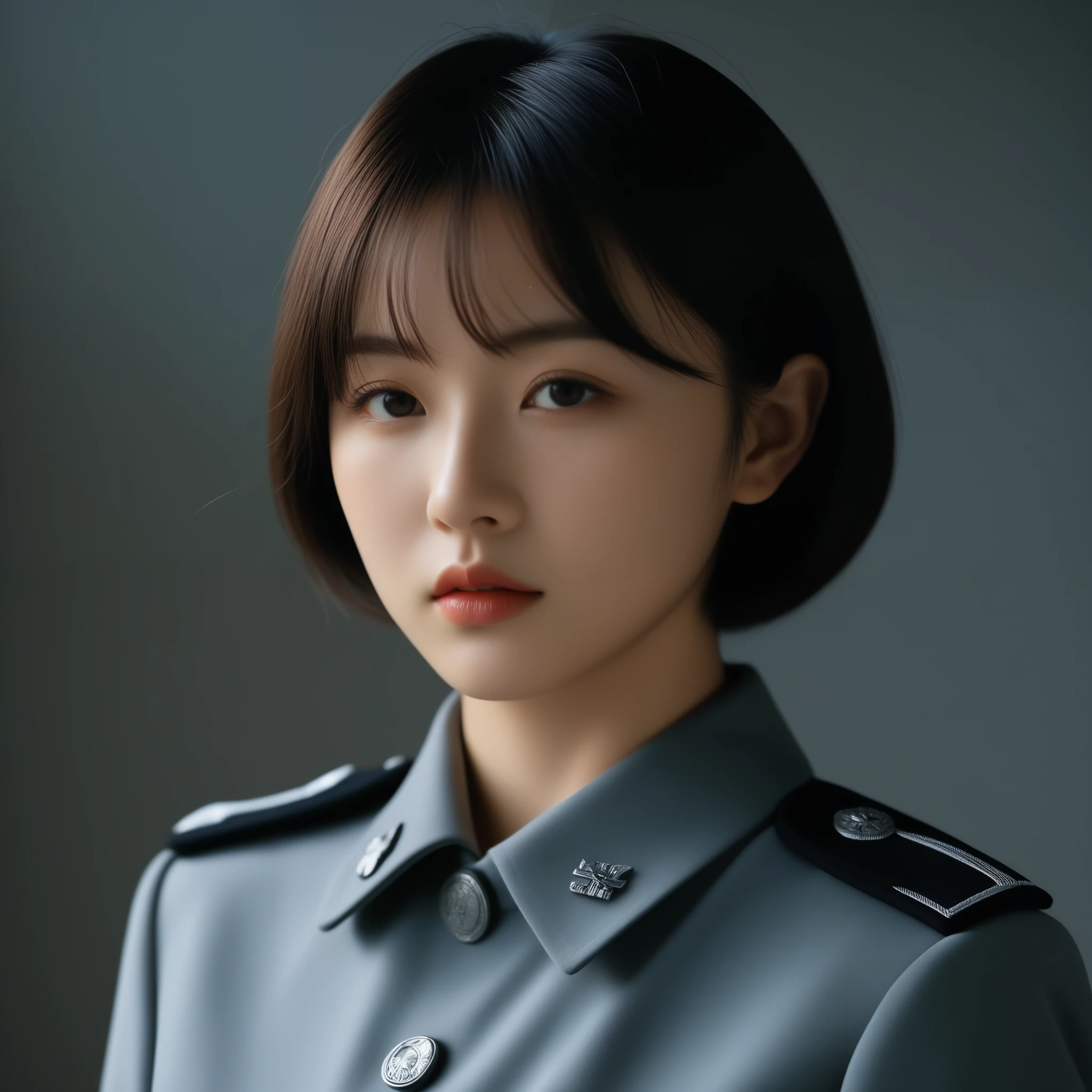 8k, Ultra-high resolution, Highest quality, masterpiece, 三分割法によるphotograph,Surreal, photograph, 1 Girl, (16 years old:1.3), pretty girl, Cute Face, Beautiful eyes in every detail, 細かくdetailedに,masterpiece,One Girl:1.2,Japanese female officer,Superior non-commissioned officer,extream close up,furious,glaring,Black short hair,Bob with bangs, (The finest ceremonial attire:1.3),Military clothing,Nazi SS uniform,HUGO BOSS,Sharp contours,Looking down,Gray background, Light from above, Low contrast, (Side view),Perfect and beautiful face ,完璧でCute Face, Skin with attention to detail, Perfect limbs、Narrow waist,Looking at the audience,(((Ideal body type))),A cup small breasts :2,Portraiture:2,Perfect Anatomy,鮮明なdetailed,detailed,Surreal,Light and shadow,glowing