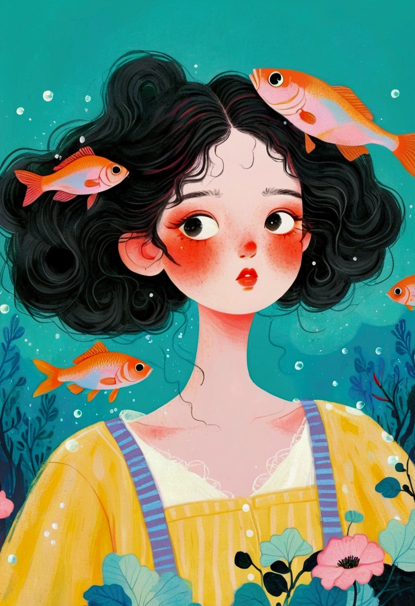 Pastel Art Illustration:A painting of a woman with fish in her hair,Bubbles,big eyes, (((#10: Fluffy Light Hair))),Jin Nong's Surrealism, Winner of the Behance competition, Pop surrealism, Color illustrations, A beautiful artistic illustration, Colorfull illustration, Pop surrealism art style, Digital illustration style, Fantasy illustrations, Illustration Art, Magical surrealism, Digital fantasy illustration, Pop surrealism lowbrow art style,Solid color background