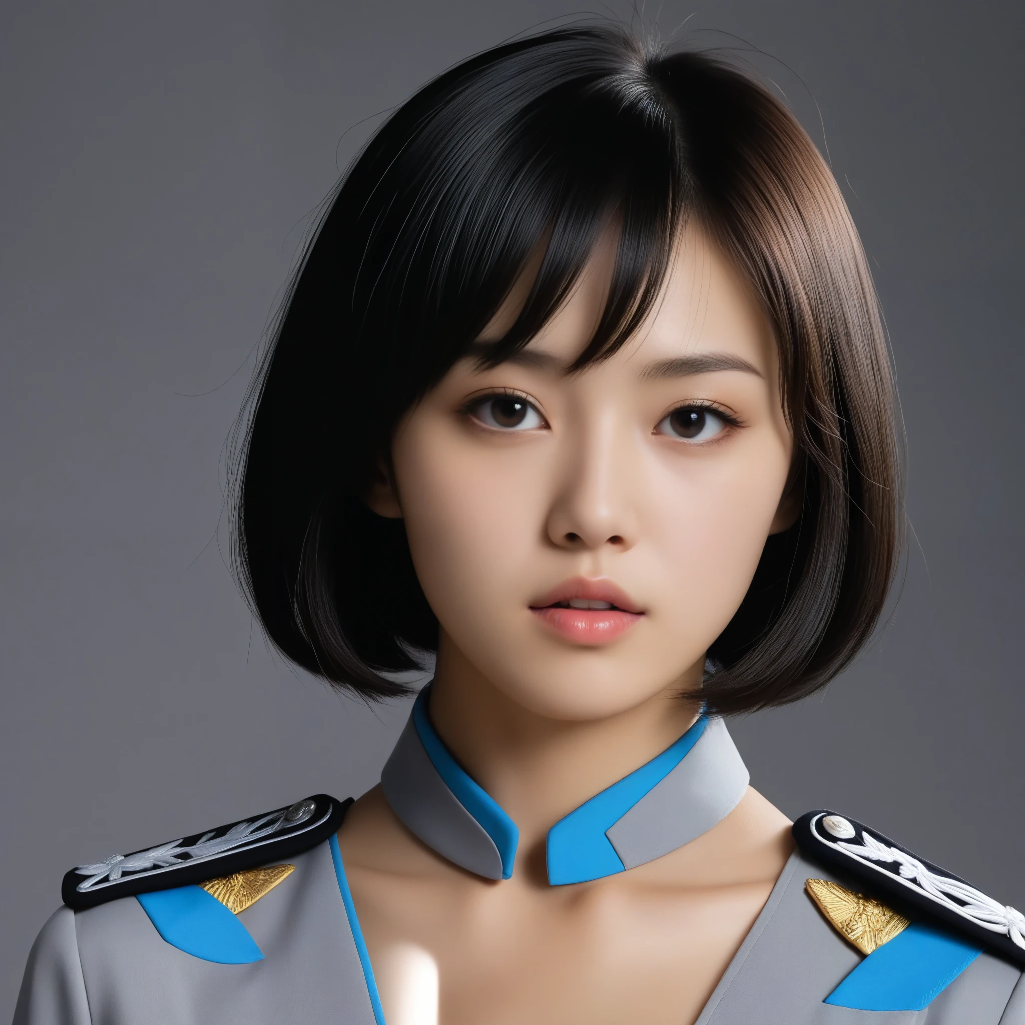 8k, Ultra-high resolution, Highest quality, masterpiece, 三分割法によるphotograph,Surreal, photograph, 1 Girl, (16 years old:1.3), pretty girl, Cute Face, Beautiful eyes in every detail, 細かくdetailedに,masterpiece,One Girl:1.2,Japanese female officer,Superior non-commissioned officer,extream close up,furious,glaring,Black short hair,Bob with bangs, (The finest ceremonial attire:1.3),Military clothing, SS uniform,HUGO BOSS,Sharp contours,Looking down,Gray background, Light from above, Low contrast, (Side view),Perfect and beautiful face ,完璧でCute Face, Skin with attention to detail, Perfect limbs、Narrow waist,Looking at the audience,(((Ideal body type))),A cup small breasts :2,Portraiture:2,Perfect Anatomy,鮮明なdetailed,detailed,Surreal,Light and shadow,glowing