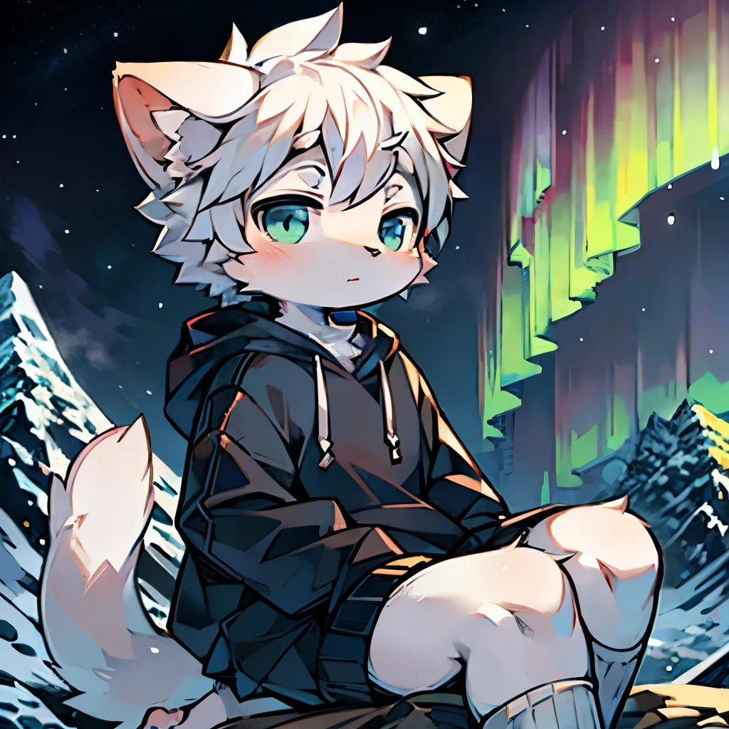 furry,Cute cat boy,White hair,Gray skin,(wearing hoodie),(Wear short white socks),Sitting on the top of the mountain,Close Range,aurora,(Highest quality),Alone,(front Photo)