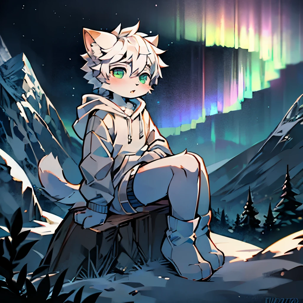 furry,Cute cat boy,White hair,Gray skin,(wearing hoodie),(Wear short white socks),Sitting on the top of the mountain,Close Range,aurora,(Highest quality),Alone,(front Photo)