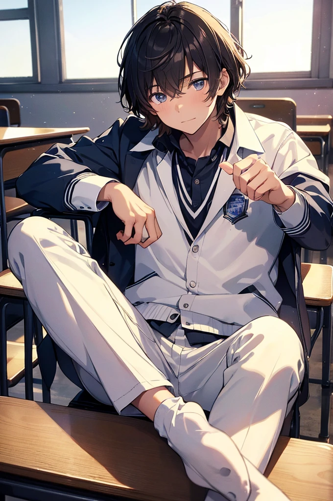 A high-quality and masterpiece image of a high school boy in the classroom, with beautiful detailed glow and light effects.