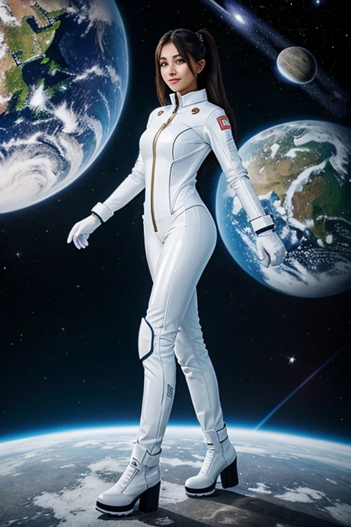 universe space、Spacesuit、Muchimuchi Beauty、Open the front zipper halfway、Cleavage、Smile、Gloss、High definition high quality、Photorealistic、4K resolution、Inside the spaceship、Tight、latex、White Gloves、boots、Beautiful standing posture