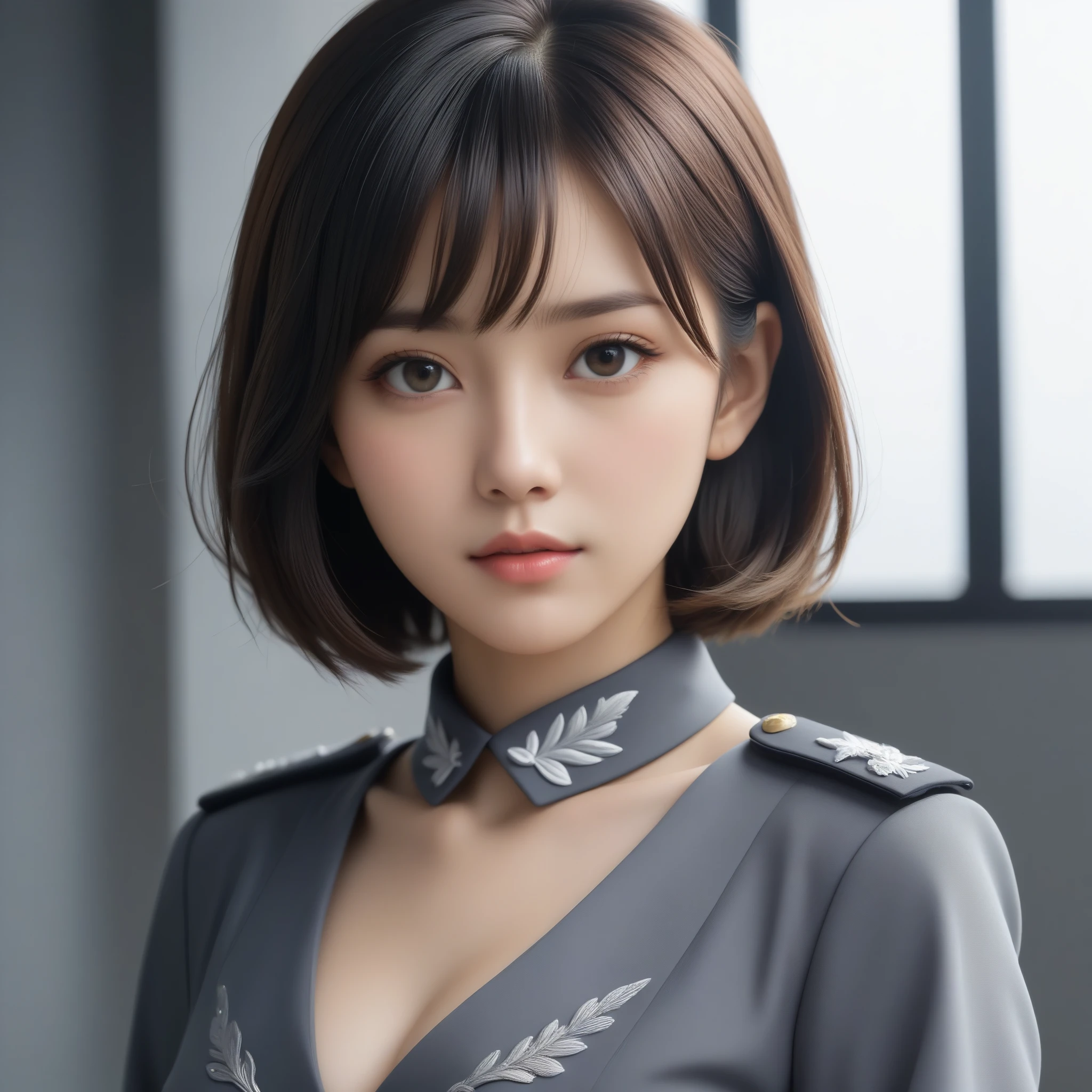 8k, Ultra-high resolution, Highest quality, masterpiece, 三分割法によるphotograph,Surreal, photograph, 1 Girl, (16 years old:1.3), pretty girl, Cute Face, Beautiful eyes in every detail, 細かくdetailedに,masterpiece,One Girl:1.2,Japanese female officer,Superior non-commissioned officer,extream close up,furious,glaring,Black short hair,Bob with bangs, (The finest ceremonial attire:1.3),Military clothing,Nazi SS uniform,HUGO BOSS,Sharp contours,Looking down,Gray background, Light from above, Low contrast, (Side view),Perfect and beautiful face ,完璧でCute Face, Skin with attention to detail, Perfect limbs、Narrow waist,Looking at the audience,(((Ideal body type))),A cup small breasts :2,Portraiture:2,Perfect Anatomy,鮮明なdetailed,detailed,Surreal,Light and shadow,glowing