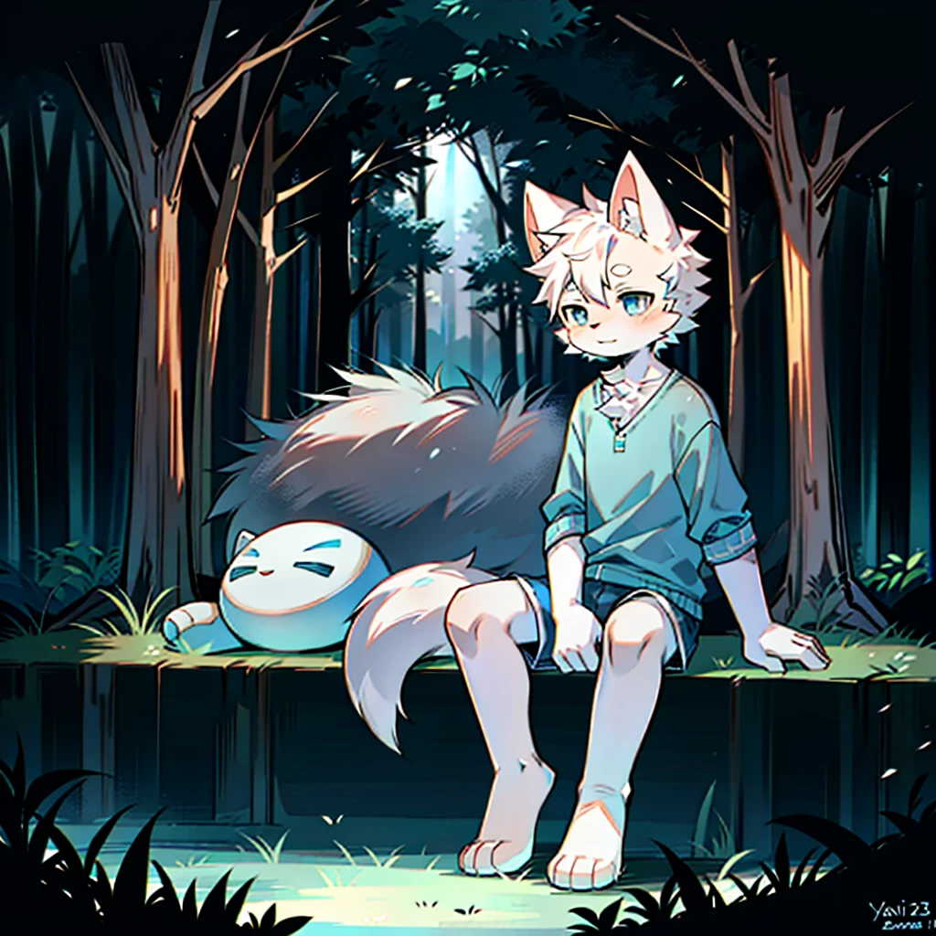 furry， cat boy，（White hair），（Dark gray skin），blue eyes，Sitting in the forest at night，（（Wear long white socks）），Light blue pajamas and shorts，The only person，high quality
