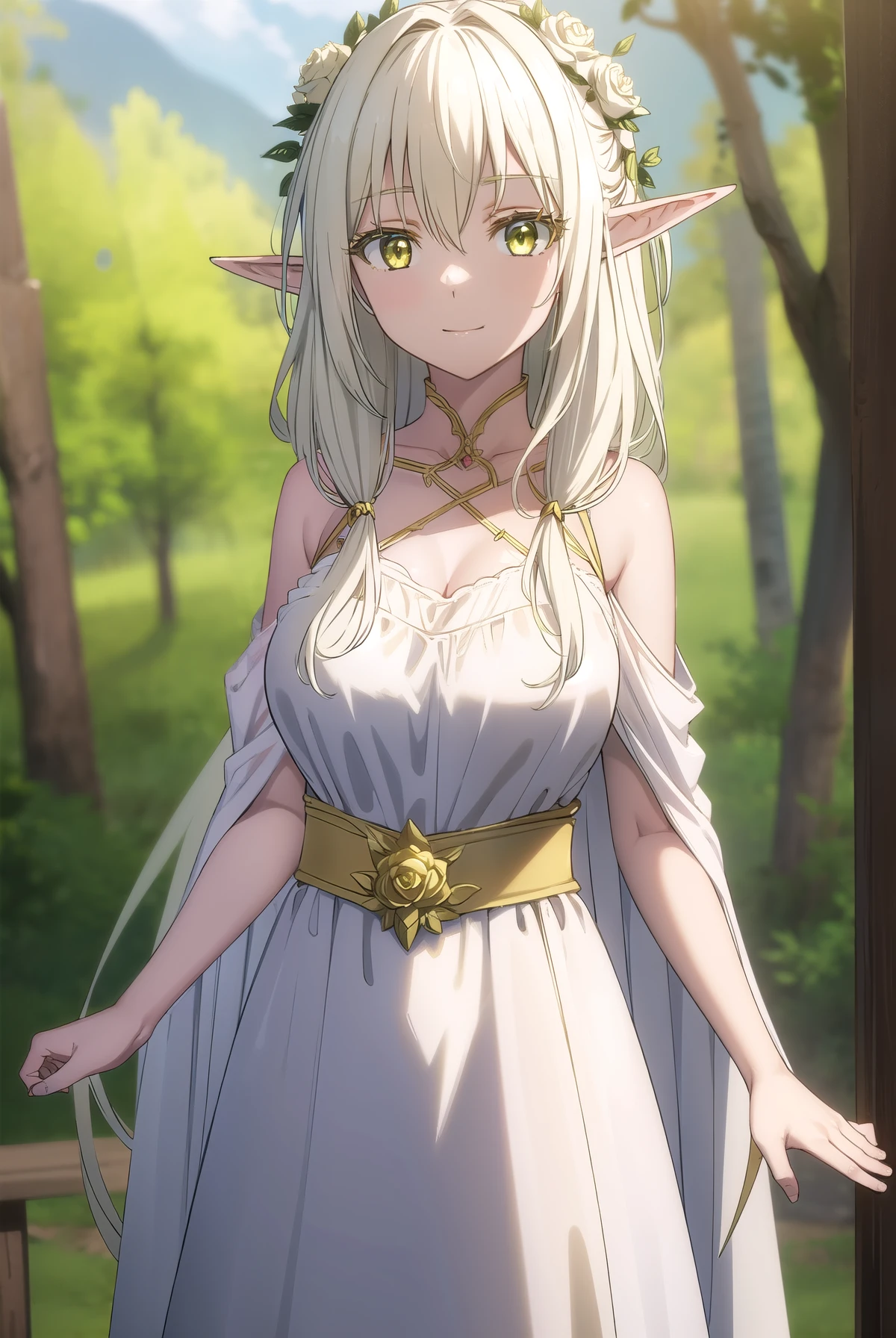 forestprincess, forest princess, long hair, hair ornament, hair between eyes, (yellow eyes:1.3), white hair, flowers, pointy ears, hair flower, rose, hair intakes, elf, smile, BREAK dress, collarbone, white dress, (((large breast))), trees, big breast, forest, sky, grass, clouds, BREAK looking at viewer, (cowboy shot:1.5), (((open front))), (masterpiece:1.2), best quality, high resolution, unity 8k wallpaper, (illustration:0.8), (beautiful detailed eyes:1.6), extremely detailed face, perfect lighting, extremely detailed CG, (perfect hands, perfect anatomy)