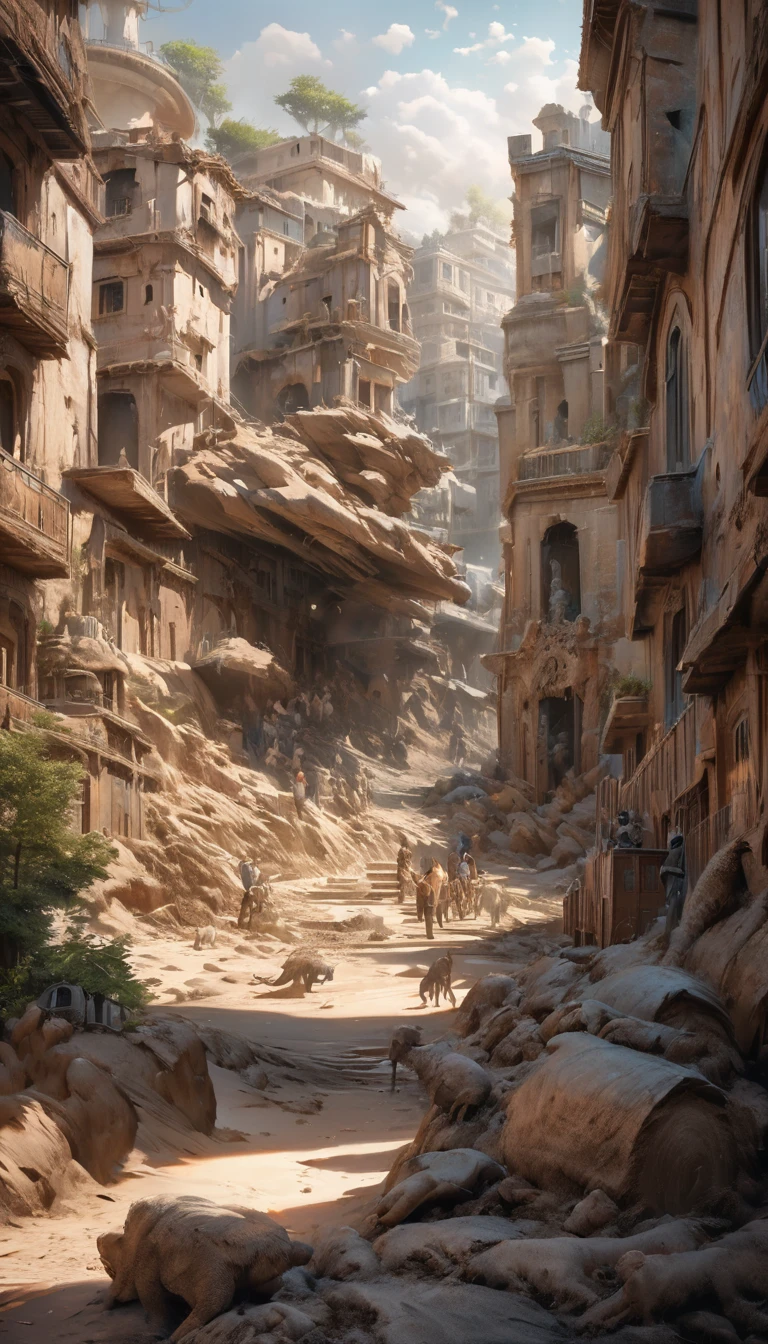 seamless image fusion, world where everything is white, the everyday scenery of a petrified city, where people, animals, plants, buildings, everything has turned to stone, soil and dust blown by the wind, shading effects, gradation magic effects, (ultra detailed, absolutely resolution, best quality:1.3), 2.5D, delicate and dynamic, artistic photography, hyper realistic, graphic CG digital art