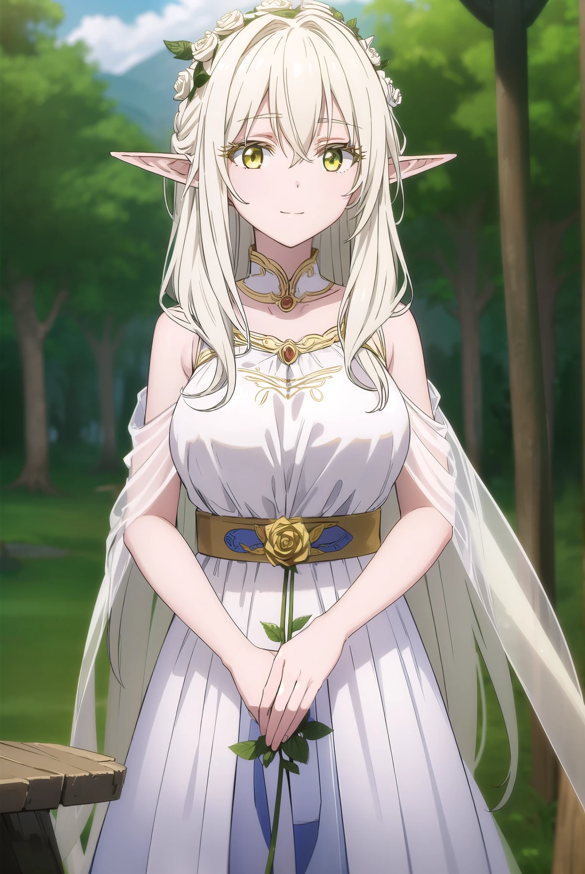 forestprincess, forest princess, long hair, hair ornament, hair between eyes, (yellow eyes:1.3), white hair, flowers, pointy ears, hair flower, rose, hair intakes, elf, smile, BREAK dress, collarbone, white dress, (((large breast))), trees, big breast, forest, sky, grass, clouds, BREAK looking at viewer, (cowboy shot:1.5), (((open front))), (masterpiece:1.2), best quality, high resolution, unity 8k wallpaper, (illustration:0.8), (beautiful detailed eyes:1.6), extremely detailed face, perfect lighting, extremely detailed CG, (perfect hands, perfect anatomy)