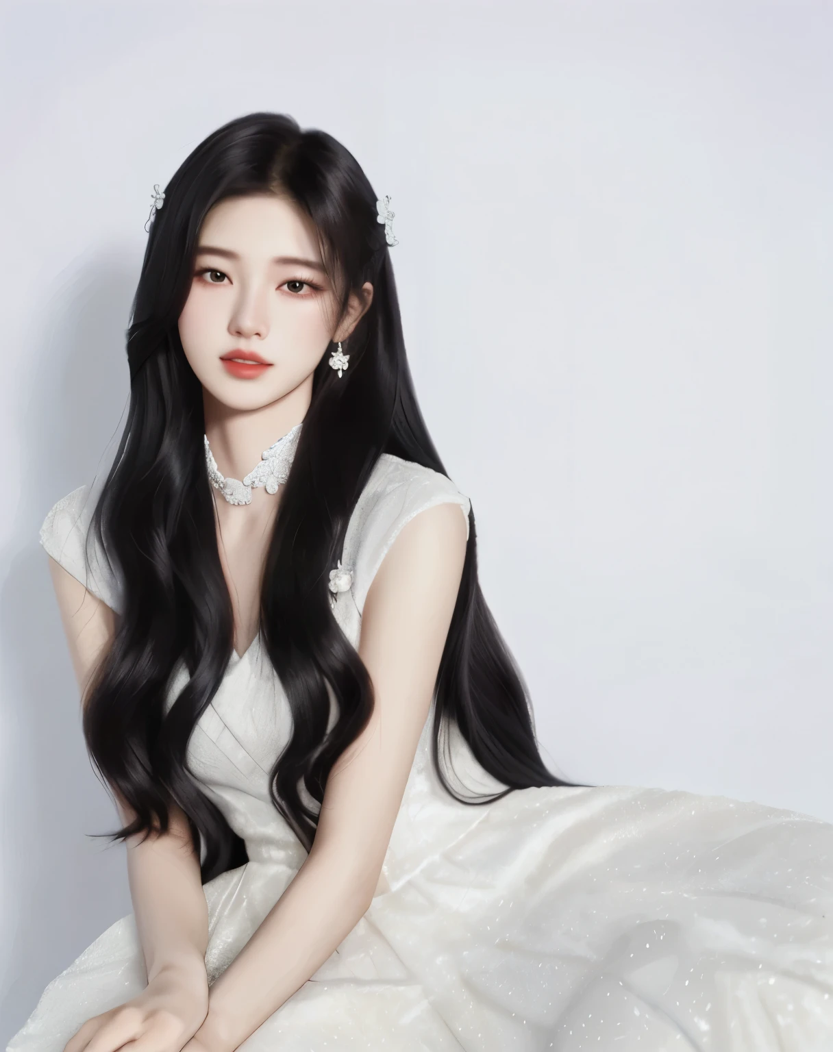 Jujingi, Solo style, 1 beautiful girl, dreamy long, fleshy hair, white luxury dress, look up at the sky, bright lights, pure white background.