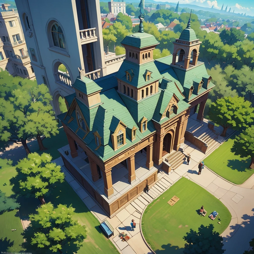 2D stylized image of artists at a park, reading, writing, painting, creating arquitecture, friends, fun, inspirational, masterpiece, seen from above, many diverse people, different races and styles, fantastical looking