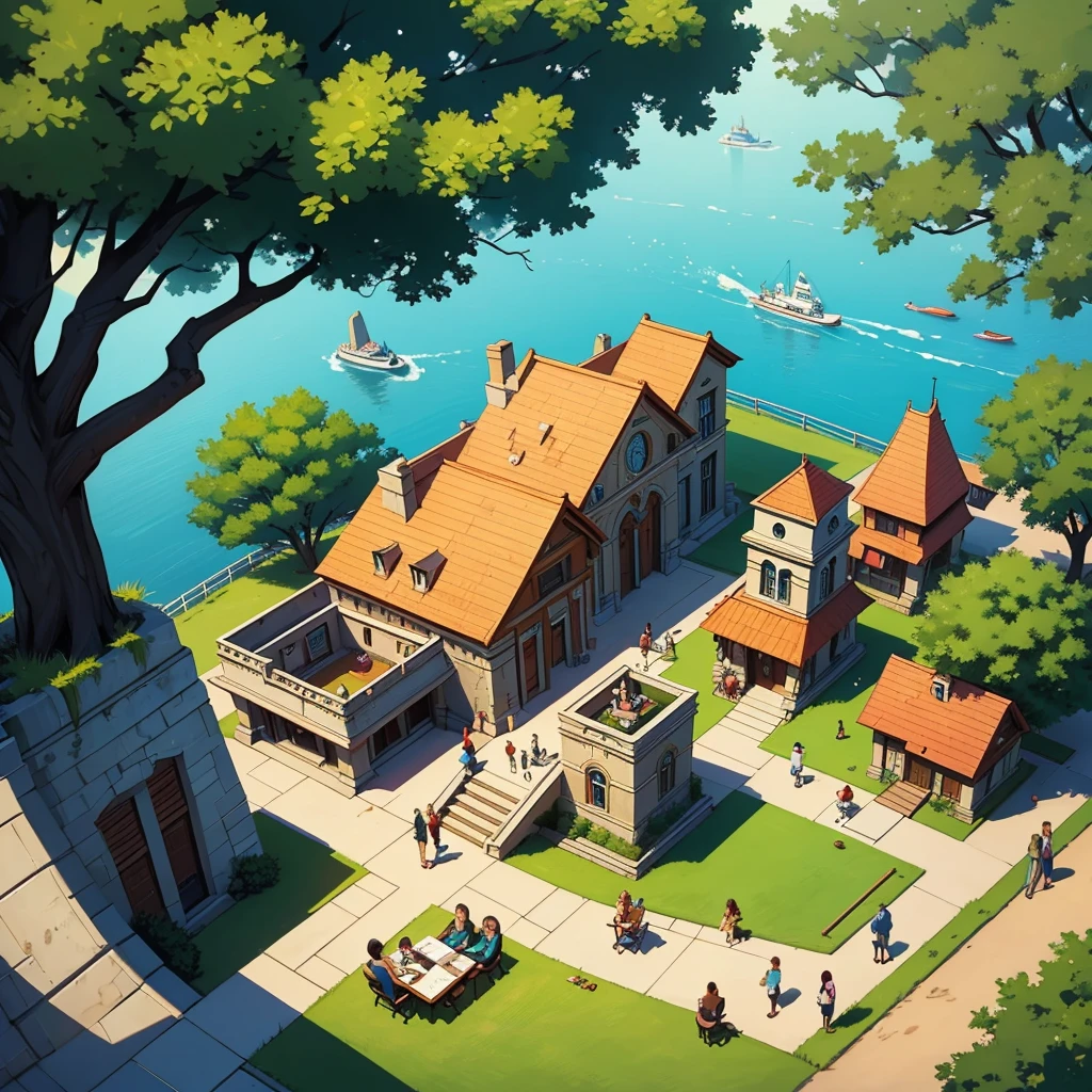 2D stylized image of artists at a park, reading, writing, painting, creating arquitecture, friends, fun, inspirational, masterpiece, seen from above, many diverse people, different races and styles, fantastical looking