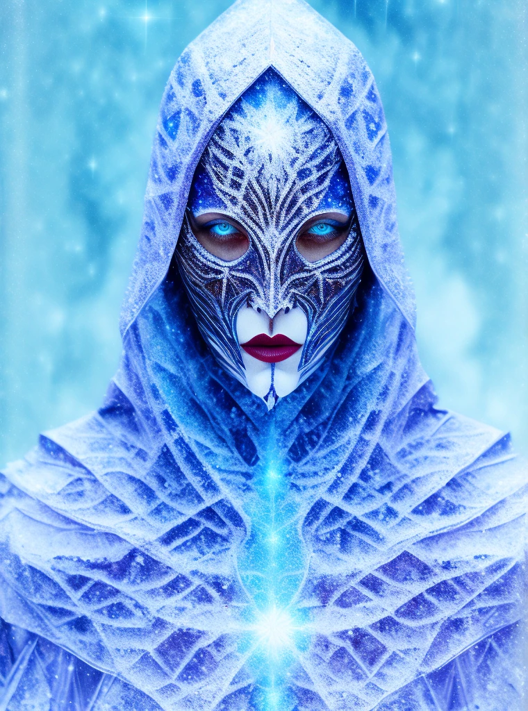 the harsh ancient god of the night snowstorm and frost is transformed into full height , wrapped in a transparent snow cloak with interweaving galaxies, winds fear and horror, skin frost, ((Sofia Ann Caruso)), (Zendaya), upper body without clothes, torso without clothes white skin with patches of ice crystals, visible strong muscles of the body, on the face a mask of horror of terrible horror the color of the blackest night, open eyes, cold glitter in the eyes, cinematic lighting, (author (Daniel Merna), (Karn Griffiths) Monica Novak), a highly detailed, detailed person,