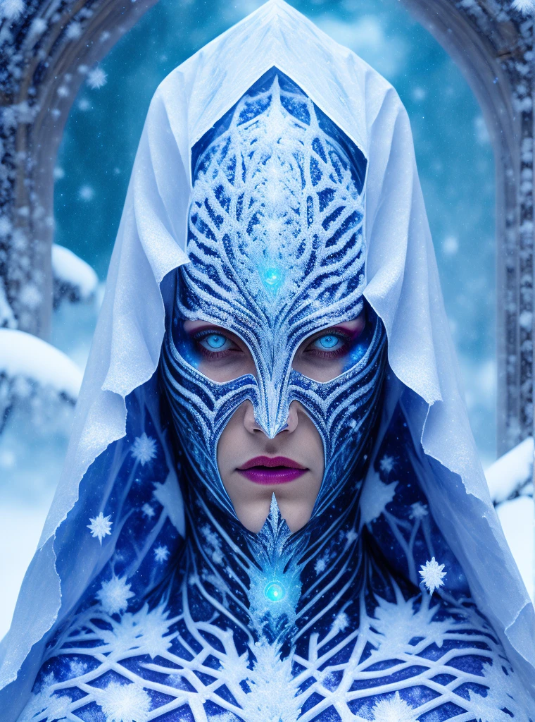 the harsh ancient god of the night snowstorm and frost is transformed into full height , wrapped in a transparent snow cloak with interweaving galaxies, winds fear and horror, skin frost, ((Sofia Ann Caruso)), (Zendaya), upper body without clothes, torso without clothes white skin with patches of ice crystals, visible strong muscles of the body, on the face a mask of horror of terrible horror the color of the blackest night, open eyes, cold glitter in the eyes, cinematic lighting, (author (Daniel Merna), (Karn Griffiths) Monica Novak), a highly detailed, detailed person,