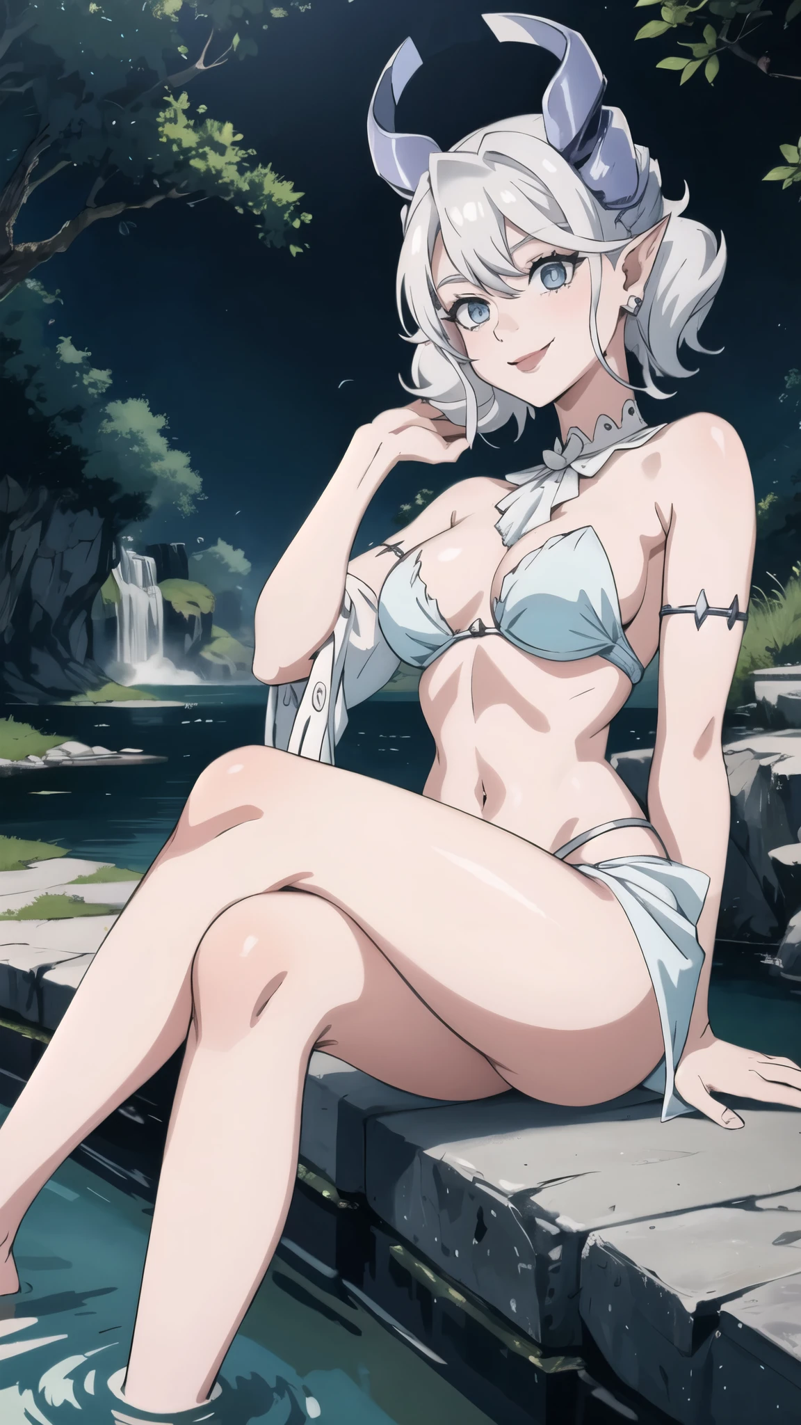 Waterfalls High level image quality best image quality 8K adult woman background a lake in the middle of jungle outside more colors whole body view portrait wearing silver dress silver horn ears short hair((shortcut)(white hair)(perm)(fluffy)) eye color is blue , , attractive evil face , evil smile , sexy pose , labrynth , barearm , hands over head and hips , standing