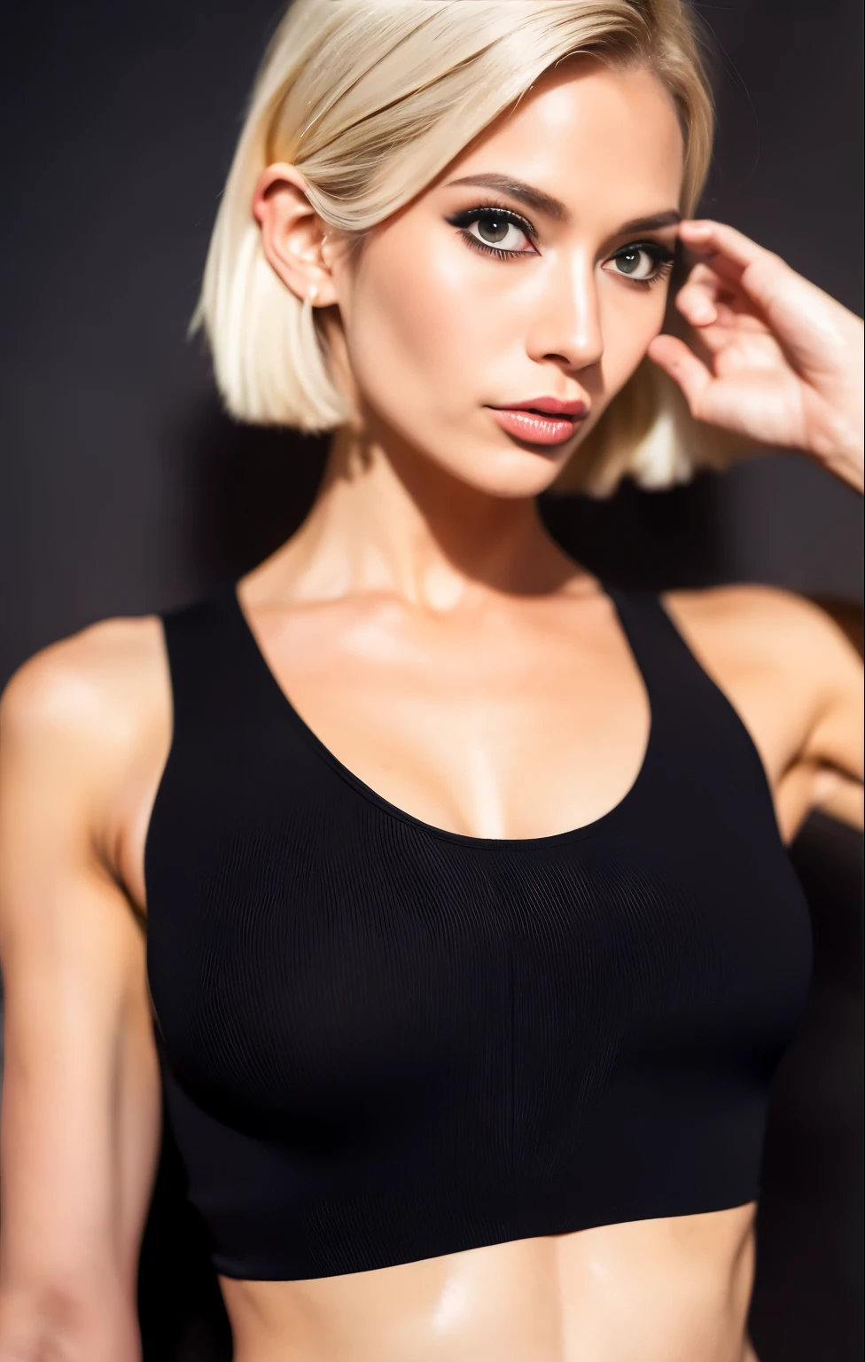 Belle femme blonde dans un haut noir et un short en polyester gris posant pour une photo, Black tank top moulant et short en polyester, Tight black tank, Licou noir, haut noir, wearing a black tank top coupé, she is wearing a black tank top, Black tank top, wearing a black tank top, Haut titulaire, Level of the reservoir open, Black tank top