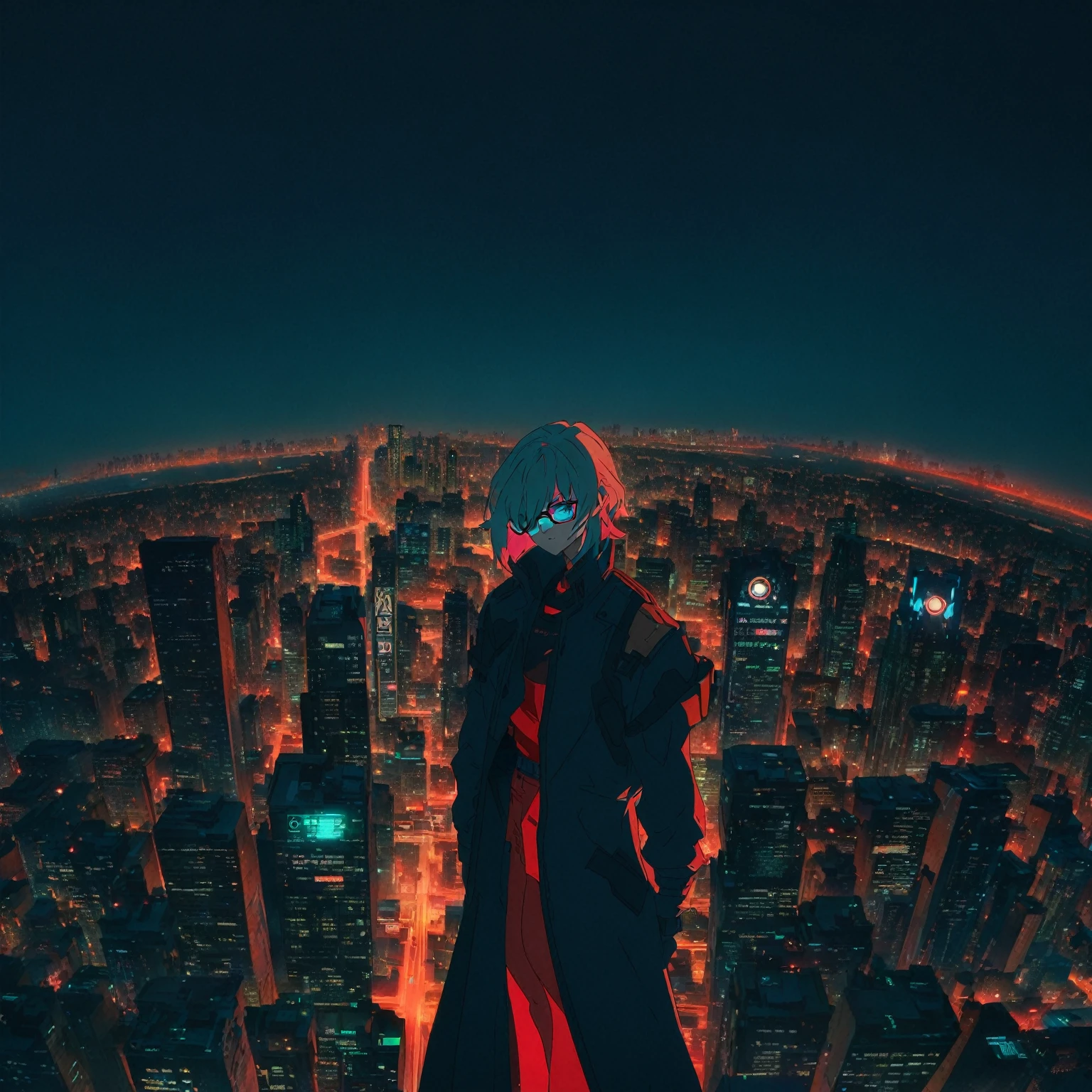 anime character standing on a ledge overlooking a city at night, badass anime 8 k, best anime 4k konachan wallpaper, in front of a sci fi cityscape, digital cyberpunk anime art, in cyberpunk city, ufotable art style, modern cyberpunk anime, anime cyberpunk art, city in the background, anime style cityscape, digital cyberpunk - anime art, figure with facemas and glasses long coat