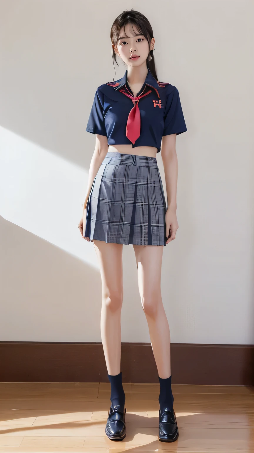 ((masterpiece)),(((最high quality))),((Full body shot from knee height:1.8)),((((((Stand up straight with your feet together:1.9)))))),((Thin thighs)),((Long legs:1.5)),(((Girl standing in a school classroom:1.7))),(((Micro Mini Skirt Uniform:1.6))),((expensive:1.8)),((Japan  in summer uniform:1.8)),((Slim Model body type:1.5)),((Thin legs:1.6)),((Wearing a red tie:1.2)),((Wearing a short-sleeved white shirt)),Her erect nipples are clearly visible under her clothes..,(Navy blue checked micro mini skirt:1.5),(24-years-old:1.3),bangs,A small smile,((cute girl)),Slender girl,(Black Loafers),((short white socks up to the ankles,,)),cute,The thigh area below the groin is slim and firm,cute,Black hair ponytail,Thin legs,Slim Model body type,Very small waist,Small hips,Long thighs,Thin thighs,Thin hands,Long hands,((((Full body shot from below:1.5)))),(((((k-popのIVEのWONYOUNGにそっくりの女の子:1.9))))),((Keep your whole body facing straight ahead:1.8)),((expensive:1.4)),(Stand with your legs straight and without bending your knees:1.7),((Stand up straight:1.7)),((turn your hips forward:1.7)),The ankles are super thin,beauty,Fine skin,Firm Skin,Realistically reproduced skin detail of thin legs,Very detailed, Attention to detail,high quality,Awards,High resolution,(Anatomically correct:1.3),(8k,RAW Photos,最high quality,masterpiece:1.5),(((女の子をFull body shot from below:1.5))),Height 173cm,((Stand up straight with your feet together:1.7)),((Stand up straight with your feet together:1.7)),(((Keep your back straight:1.8))),((look forward to:1.2)),8 head beauty,Model body type,((Inseam is half the height:1.5)),(Thin thighs),((k-popのIVEのWONYOUNGにそっくりの女の子:1.5)),RAW Photos,Firm Skin,Fine skin,Well-toned muscular legs,Attention to detail,vivid,Skin Texture,Genuine skin feel,Perfect composition,beautiful,Very detailed,High chroma,Genuine,eyeliner,eye shadow,Expensive nose,Small nostrils,Small Mouth,Seductive lips,((((White panties:1.9)))),Long legs,Thin legs,Thin thighs,Thin ankles,(((Full Body Shot:1.6))),((A blackboard and desks are visible in a school classroom.:1.6)),((Shooting from the back of the classroom:1.4)),((The desks are lined up:1.4))