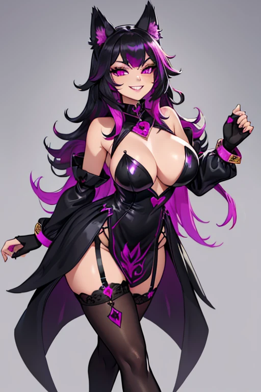female, black long hair with magenta trim, silver eyes, wolf ears, wolf tail, (((1girl))), (((black royal dress with magenta trim))), (black fingerless opera gloves), (black stockings), (magenta heels), (gold jewelry), (gold bracelets), cute and sexy, full body, large breasts, long legs, smiling