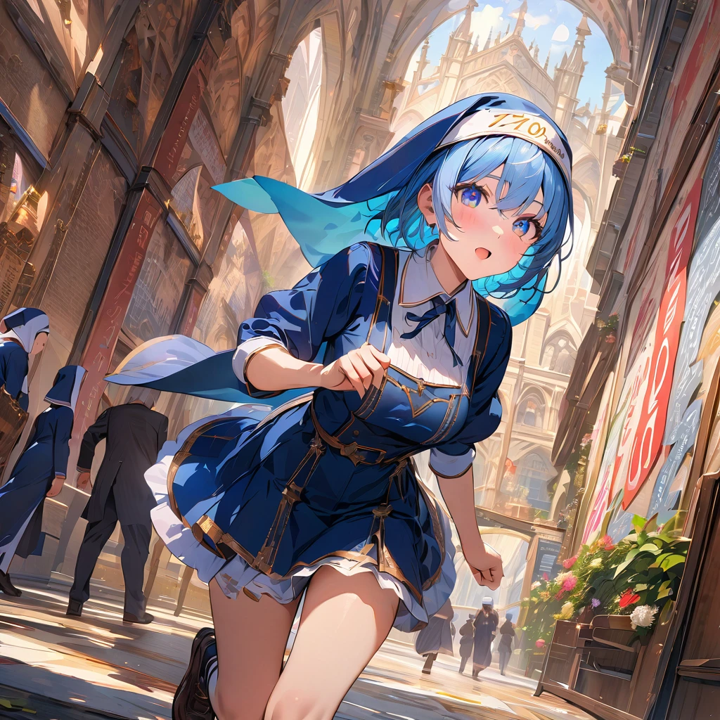 "Thank you for 70,000 likes!!" written, Nuns running together, detailed background, detailed writing, 4k, UHD, absurd, ultra quality, masterpiece,