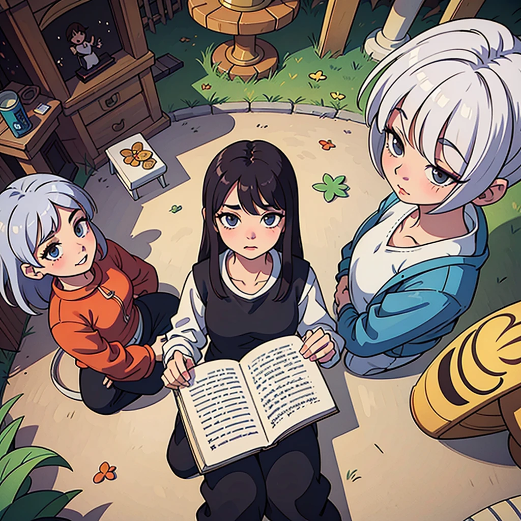 2D stylized image of artists at a park, reading, writing, painting, creating arquitecture, friends, fun, inspirational, masterpiece, seen from above, many diverse people, different races and styles, fantastical looking, 10 people, many artists,