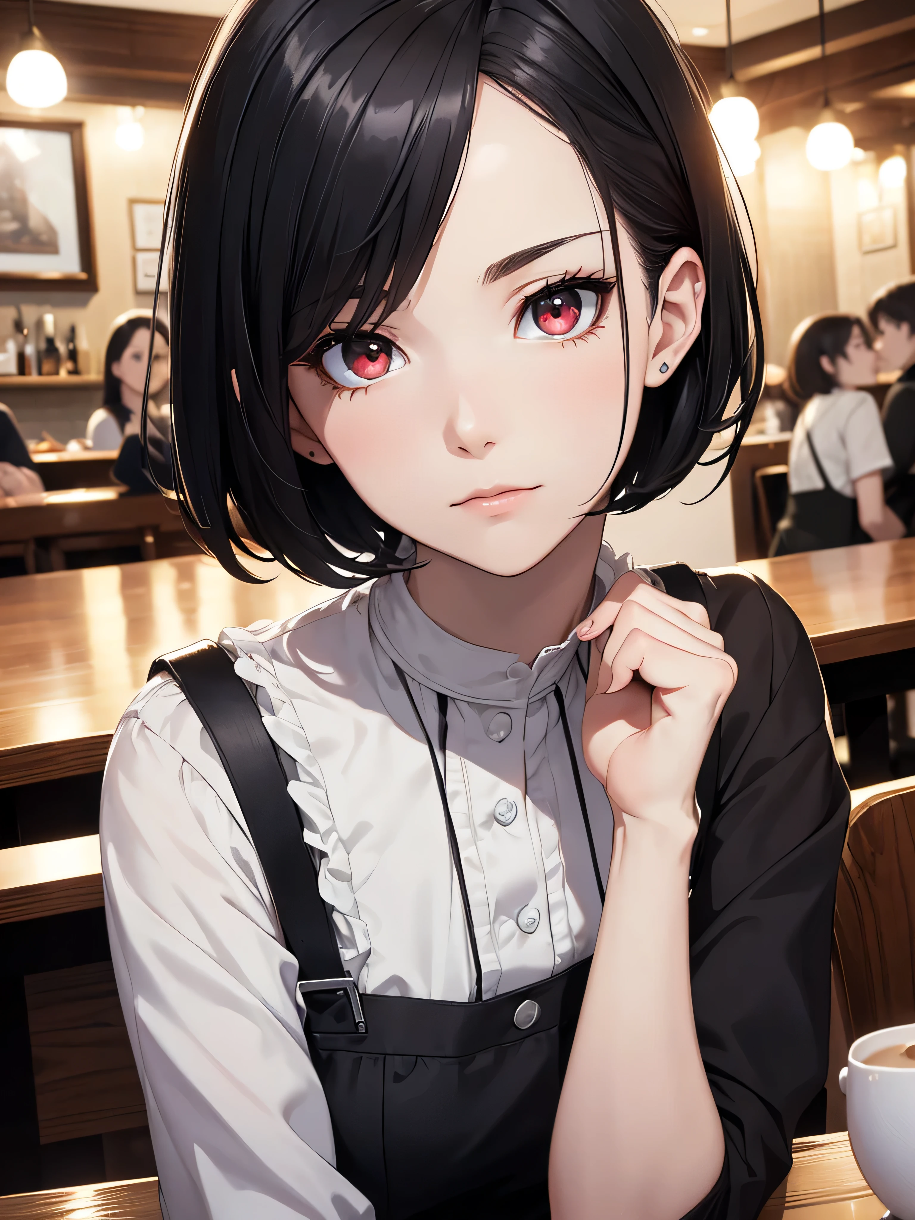 (8K, Best Quality, Masterpiece, Ultra High Resolution) Single Person, 1 Woman, Cute Eyes, Face Details, Pale Skin, Slender, Short, Black Blue Hair, Short Hair, Red Eyes, Black Outfit, Sitting at Table, Cafe, Best Quality, Upper Body, Looking at the Viewer, Facing Viewer, Close Up