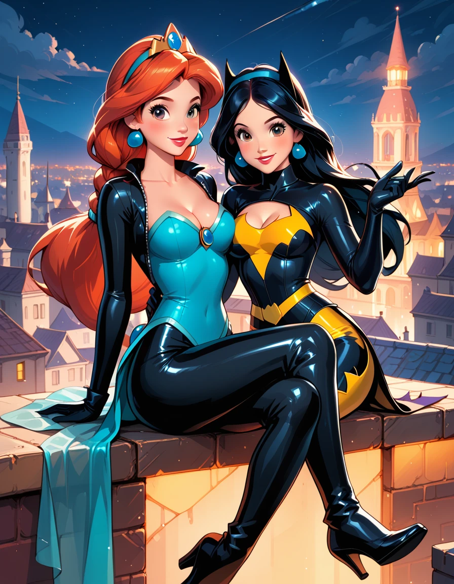 score_9, score_8_up, score_7_up, score_6_up, 2girls, BREAK (Disney's Princess Jasmine, black hair, braid:1.3), wearing (Marvel's Black Cat suit, full body suit, black suit, cleavage:1.1), BREAK (Disney's Princess Ariel:1.5), wearing (Batgirl suit:1.2), BREAK sitting together, smiling, city rooftop, night, cinematic lighting.