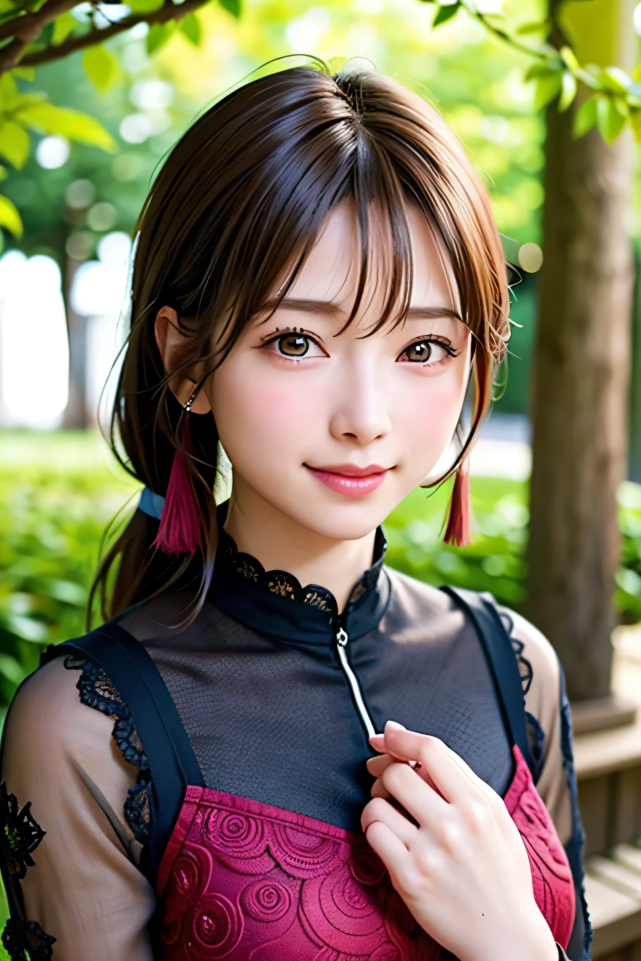 masutepiece, Best Quality, 8K, 8years old, Teen, Raw photo, absurderes, award winning portrait, Smile, Solo, Idol face, Delicate girl, Upper body, Digital SLR, Looking at Viewer, Candid, Sophisticated,Thin arms, Professional Lighting, Film grain, chromatic abberation, (Eyes and faces with detailed:1.0), (Bokeh:1.1) , (Glamorous cheongsam:1.1) , closes mouth , A dark-haired , drooing eyes , large full breasts , (Thick lip:1.2) , 15-year-old face , red-lips , de pele branca