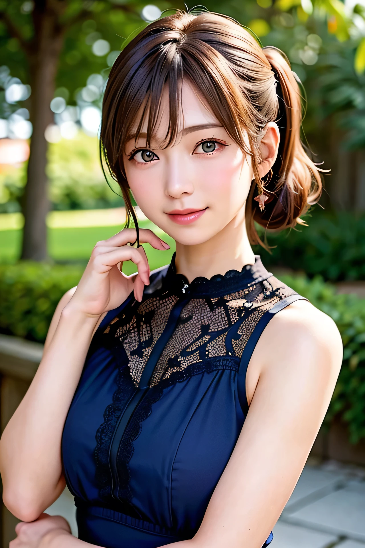 ((Highest quality)),(超High resolution),(Very detailed),(Detailed Description),((The best CG)),(masterpiece),Very detailedなアート、(surreal), (Highest quality、8k、32K、masterpiece:1.2)、(Realistic)、(Realistic:1.2)、(High resolution)、Very detailed, Very beautiful face そして eyes, Big eyes, 18-year-old female、Pale skin:1.4, Shine, Transparent muscles:1.2、((Ultra-Realistic Details))、Portraiture、All the characters are super realistic.:1.6、Global Illumination、Octane Rendering:1.2, The best beautiful girl,Very detailed, High resolution RAW color photos, Professional photography, Realistic portrait, Cinematic Light, (( About R and Pause:1.2 ))、With a small face、Pale Cheeks:1.1、Beautiful face in every detail,(( With a rそしてom cute smile:1.4 ))、((Beautiful Eyes、Light enters the eyes:1.4、Staring at a lover、Adorable eyes:1.2 )) 、((Shine Hair Brown ponytail、Delicate texture、Voluminous Hair:1.4、Thick Hair:1.3)), Natural Makeup、Beautiful big ,(Big ample breasts:1.2)、Captivating beauty、Captivate what you see、Tight waist、Delicate body、(Highest quality、Attention to detail、)、(Oil paints:1.2)、Very detailed、(Realistic、Realistic:1.37)、Bright colors、(( Deep neckline Beautiful high quality bright damask dress in rそしてom primary colors:1.4 )), (Front Focus), Outdoor 、White cottage 、Wide々and space :1.4、garden 、wind , From the side 、