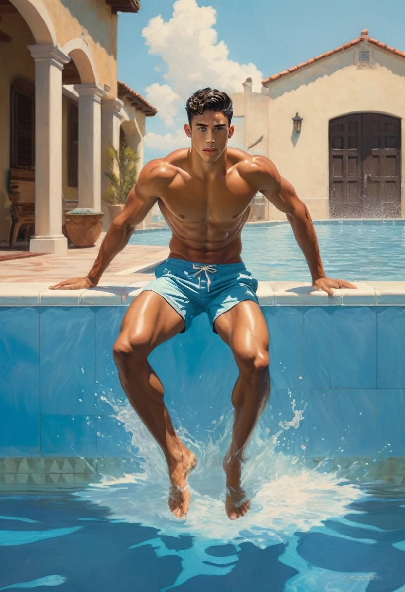 1 young latino man swimming into the pool generate the image with atmosphere of enthusiasm with the combined styles of norman rockwell and the realism of leng jun in a mix of photography and illustration ((fullbody)) a young latino man, tall, ultradetailed slender athletic toned muscular body, perfect dimensions, focus on highlighting the beauty and toning of the body, black wavy hair, black eyes, roman nose, full lips, oval head, square jaw, perfect feet, v shaped body, he is shirtless, barefoot wearing small blue shorts, intense neutral color palette 8k resolution
