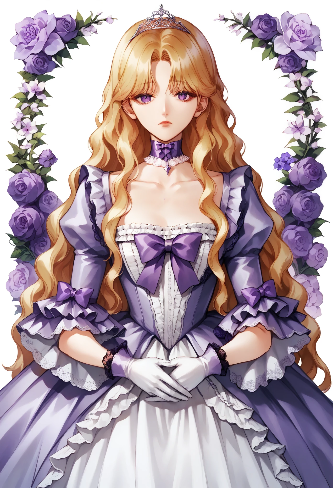 score_9, score_8_up, score_7_up, score_6_up, source_anime, illustration, floral background, romance manhwa, 1girl, blonde hair, solo, long hair, flower, dress, tiara, white dress, gloves, long sleeves, choker, purple eyes, white gloves, purple bow, purple flower, wavy hair, standing, bow, jewelry, looking at viewer, white background, closed mouth, collarbone, puffy sleeves, own hands together, upper body, parted bangs, very long hair, purple dress, frills, bangs, cowboy shot, corruption, corrupt_girl, dark theme, latex, bored