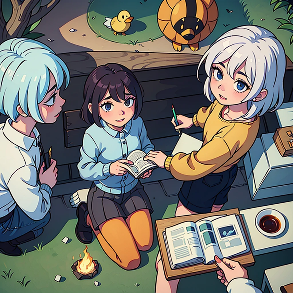 2D stylized image of artists at a park, reading, writing, painting, creating sculptures, friends, fun, inspirational, masterpiece, seen from above, many diverse people, different races and styles, fantastical looking, bird eye view, playing with fire,